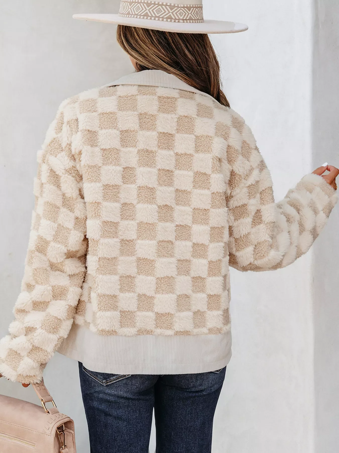 Checker Sherpa Corduroy Patchwork Zip Up Jacket - Image 2
