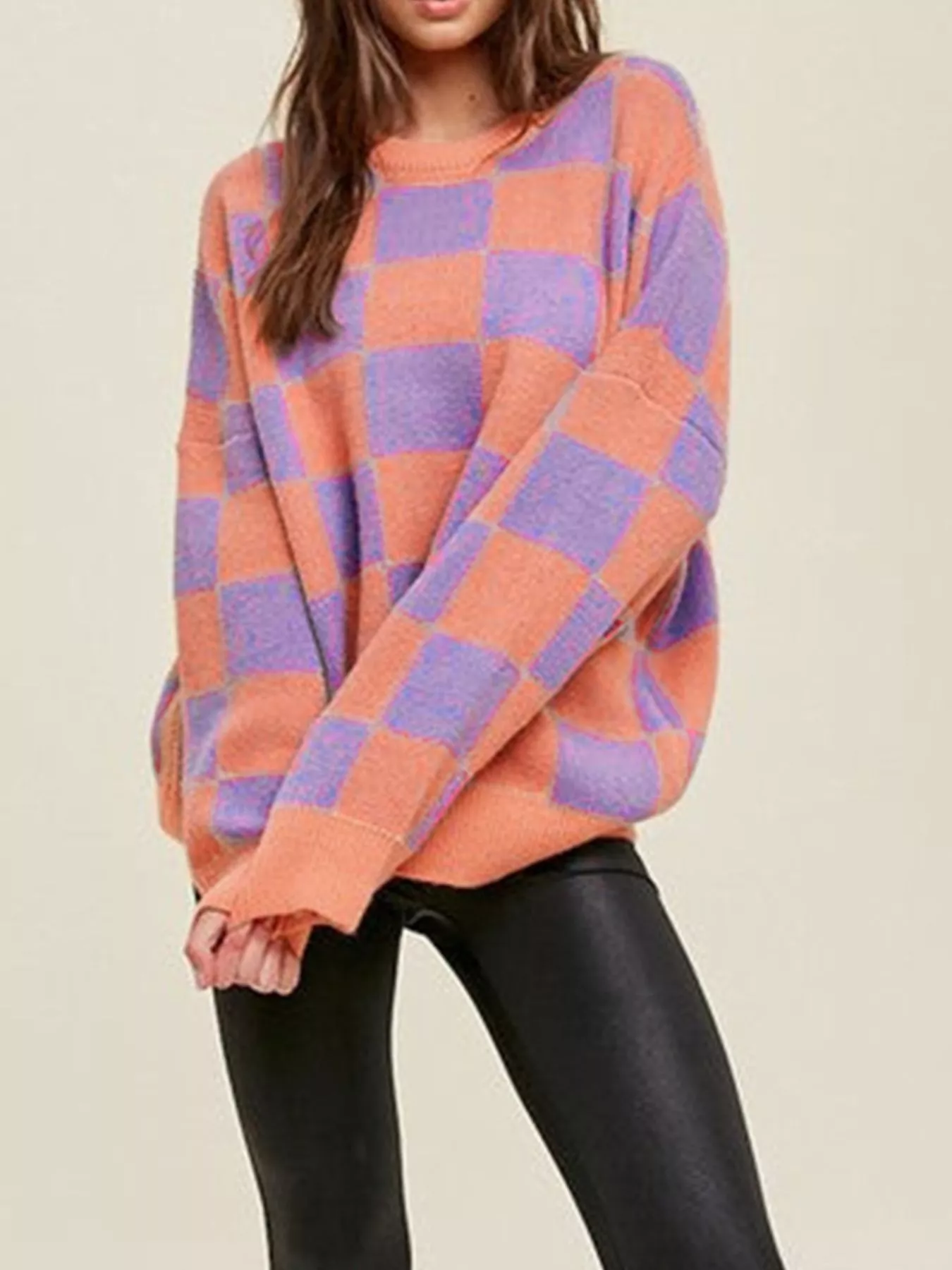 Checkerboard Chic Round Neck Sweater - Image 3