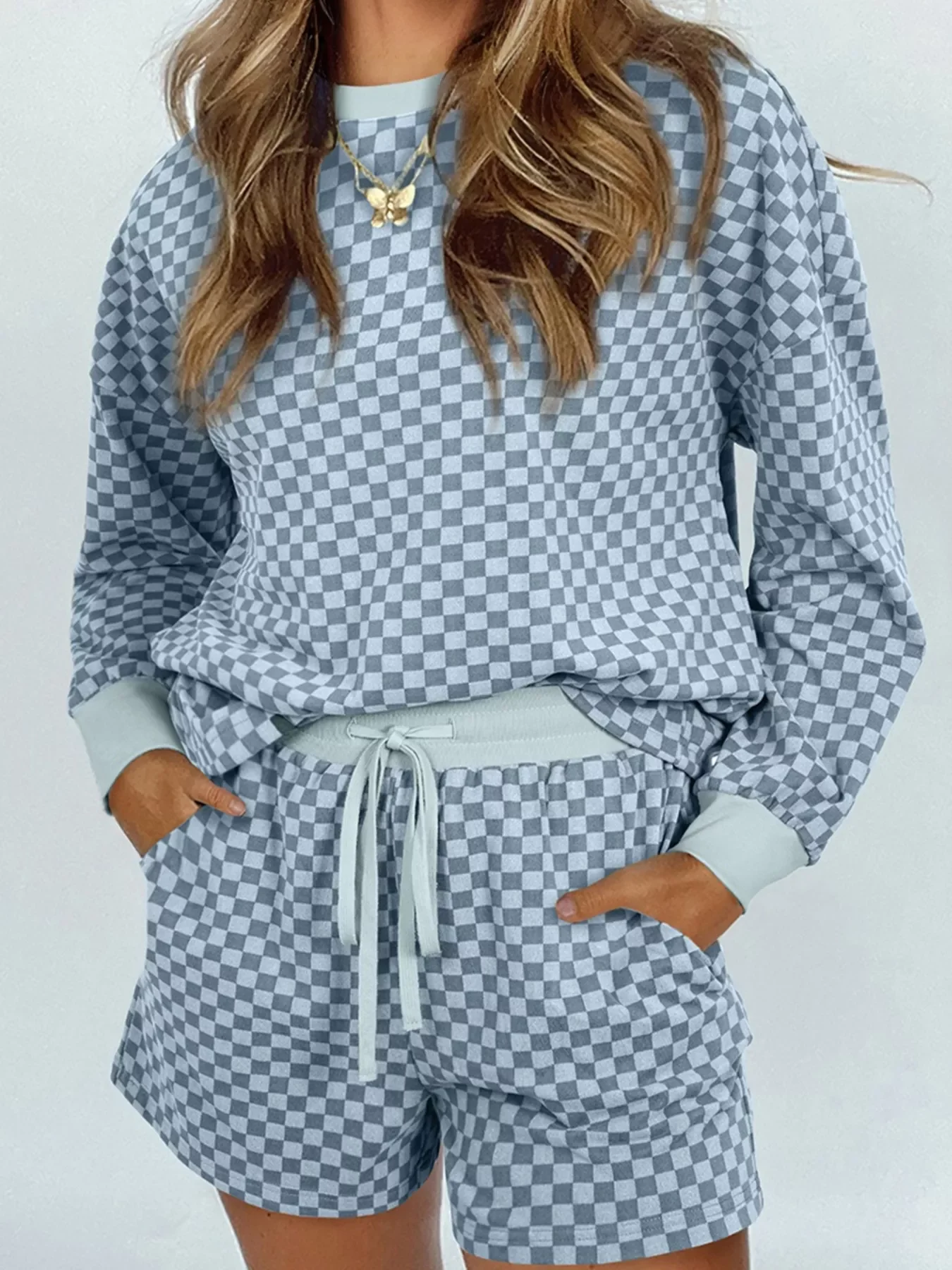 Checkerboard Long Sleeve Pullover and Shorts Set - Image 13
