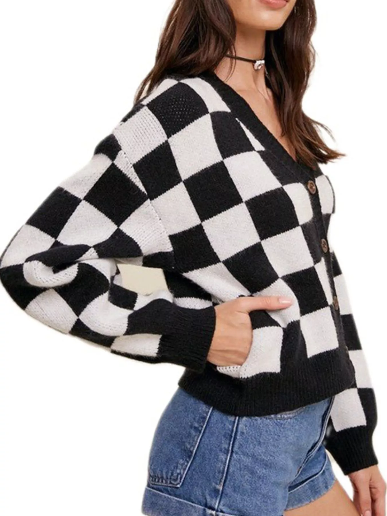 Checkerboard Pattern Button-Down Cardigan - Image 3