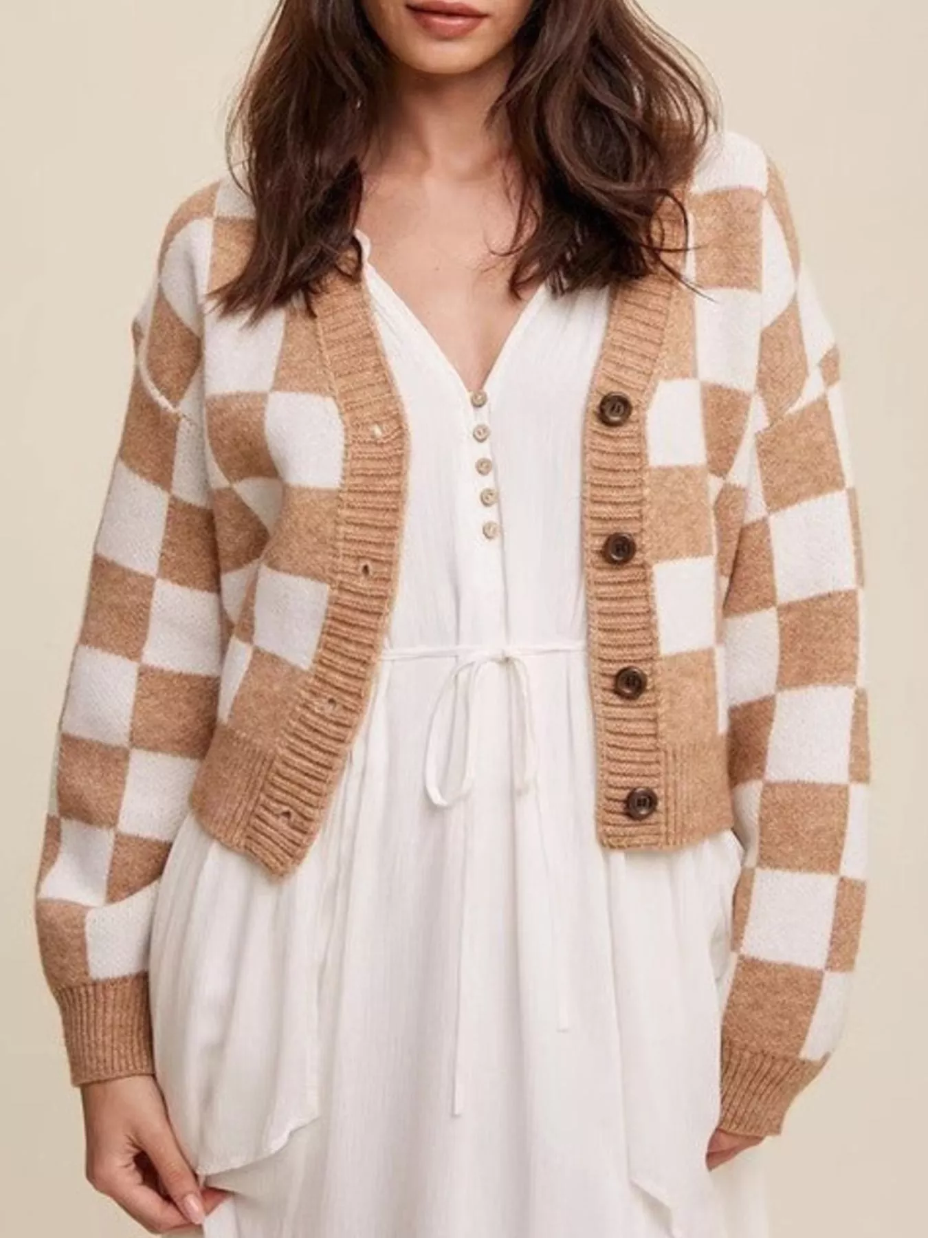 Checkerboard Pattern Button-Down Cardigan - Image 4
