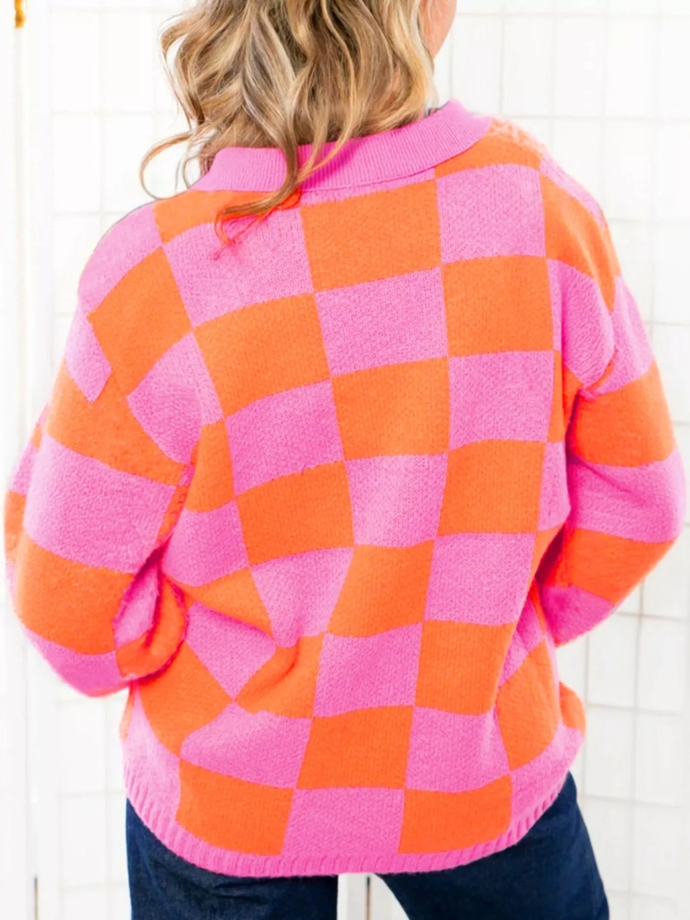 Checkerboard Pattern Half Button Sweater - Image 2