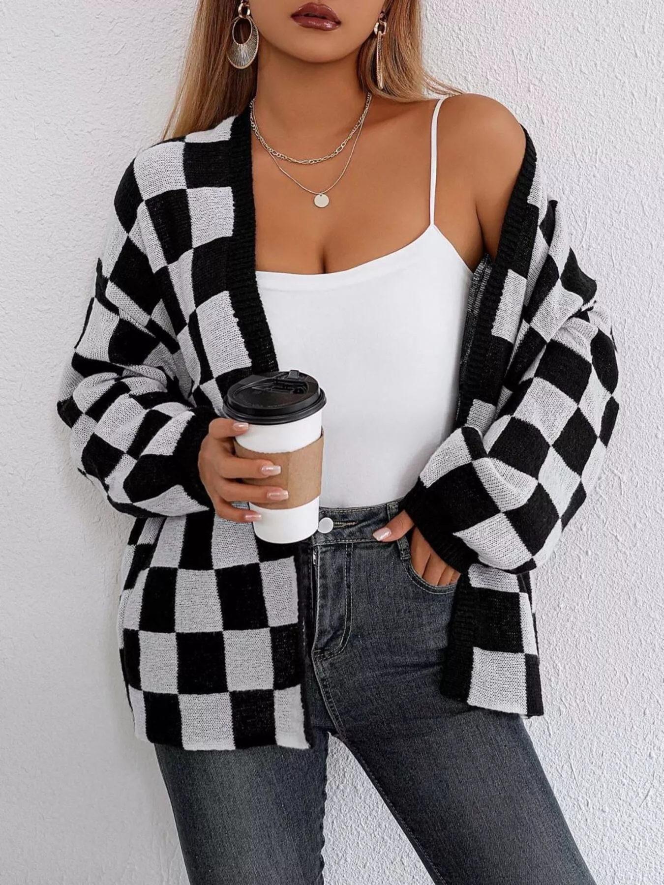 Checkerboard Pattern Open Front Knit Cardigan - Image 4