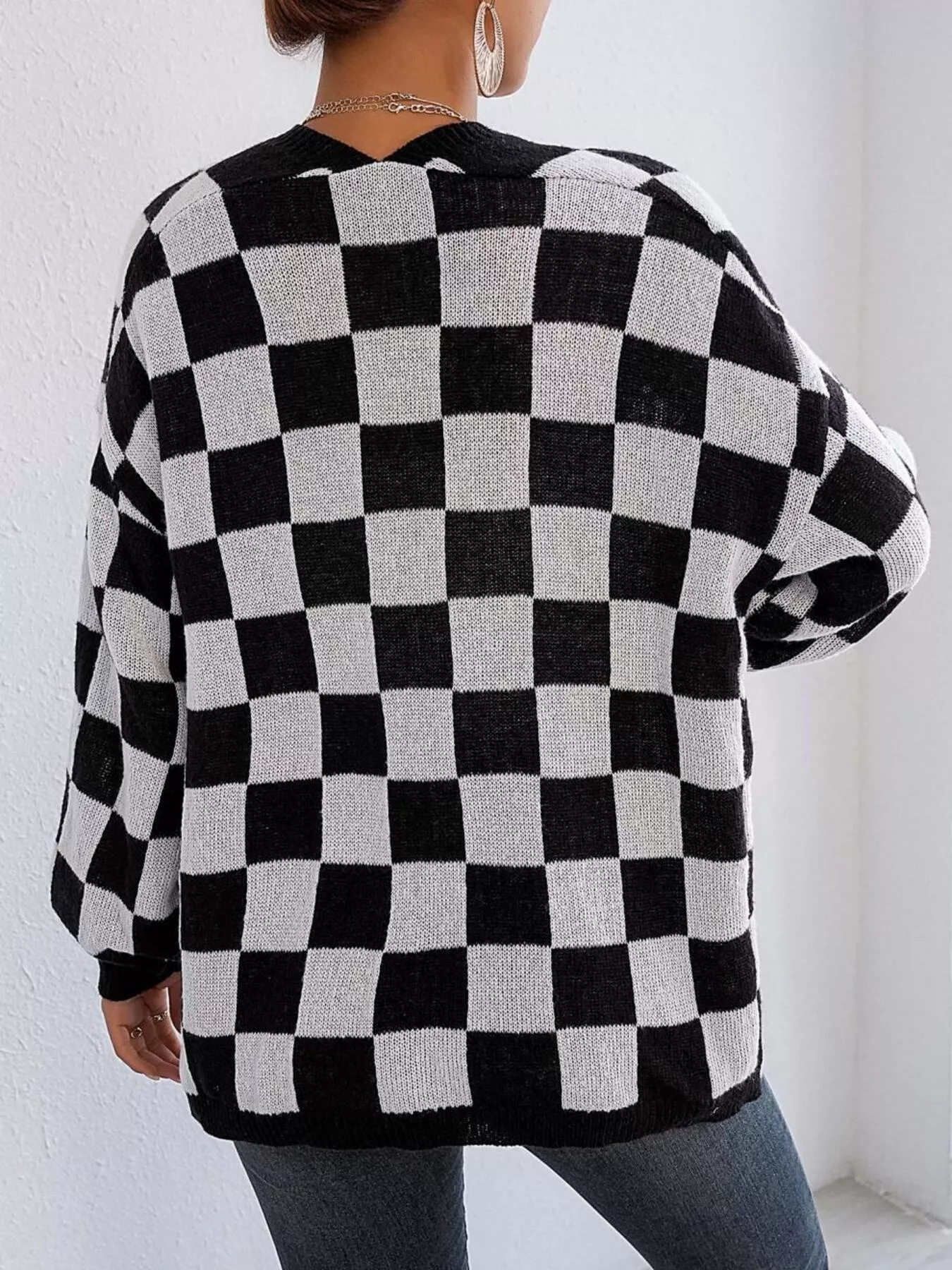 Checkerboard Pattern Open Front Knit Cardigan - Image 6