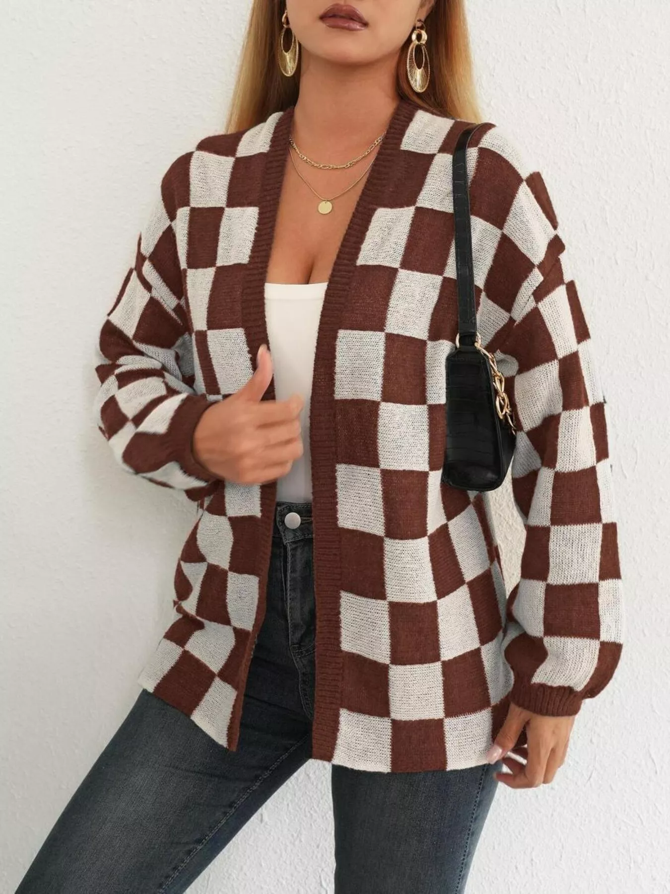 Checkerboard Pattern Open Front Knit Cardigan - Image 7