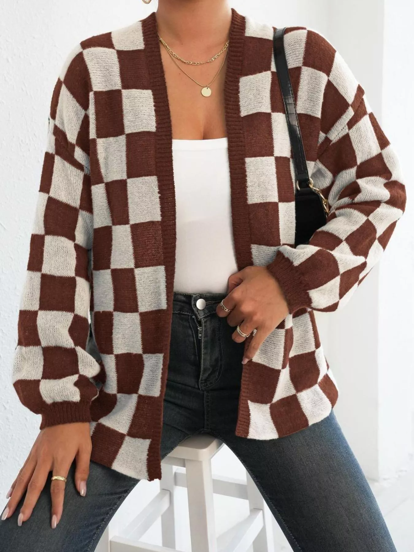 Checkerboard Pattern Open Front Knit Cardigan - Image 8