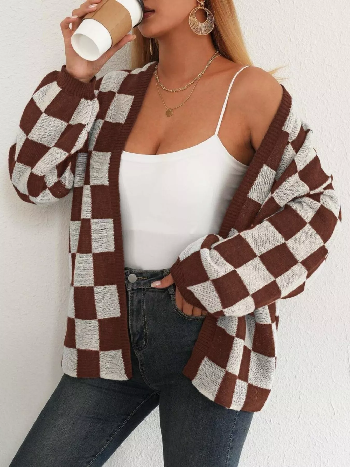 Checkerboard Pattern Open Front Knit Cardigan - Image 9