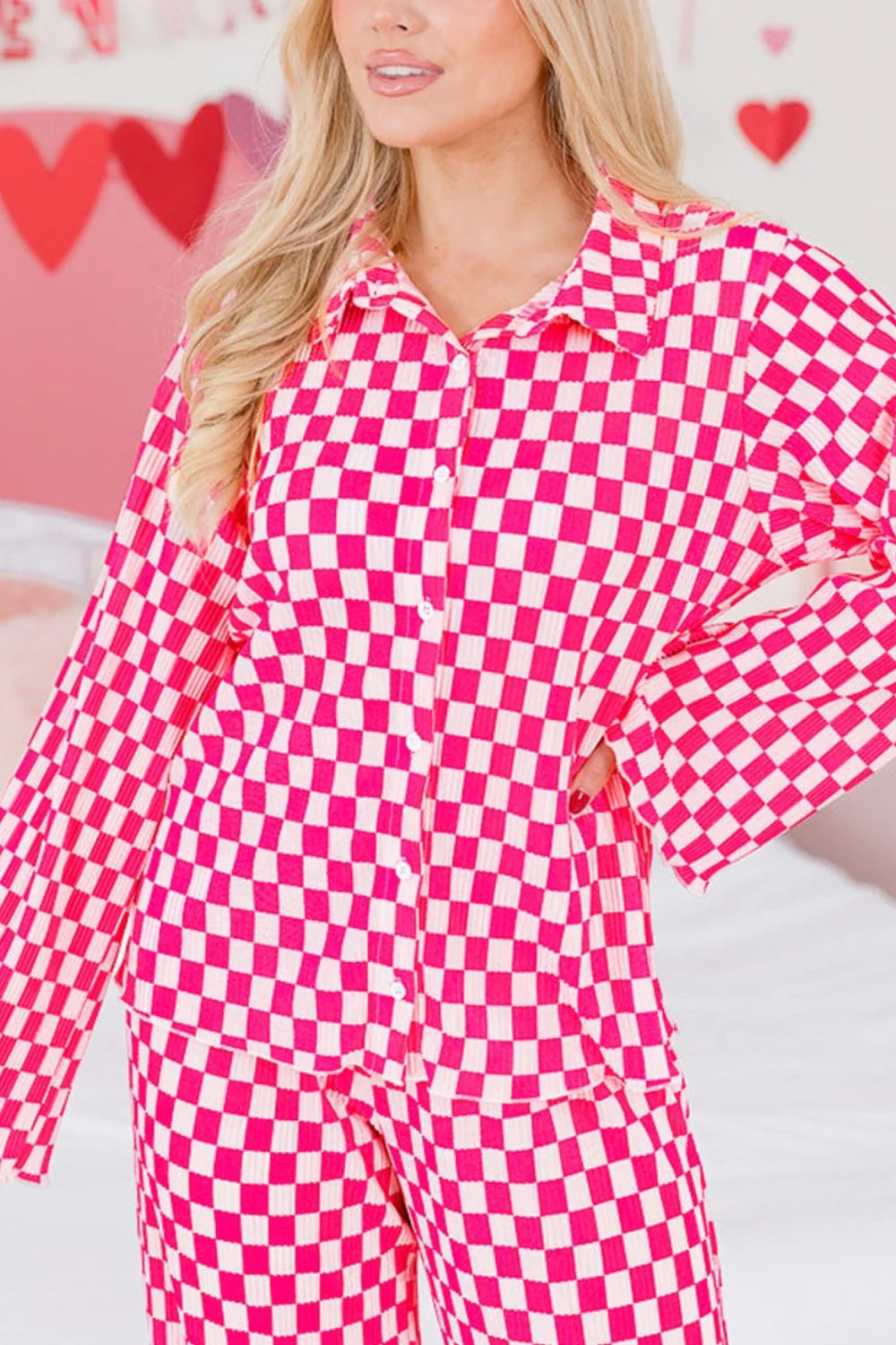 Checkerboard Print Long Sleeve Top and Pants Set - Image 6