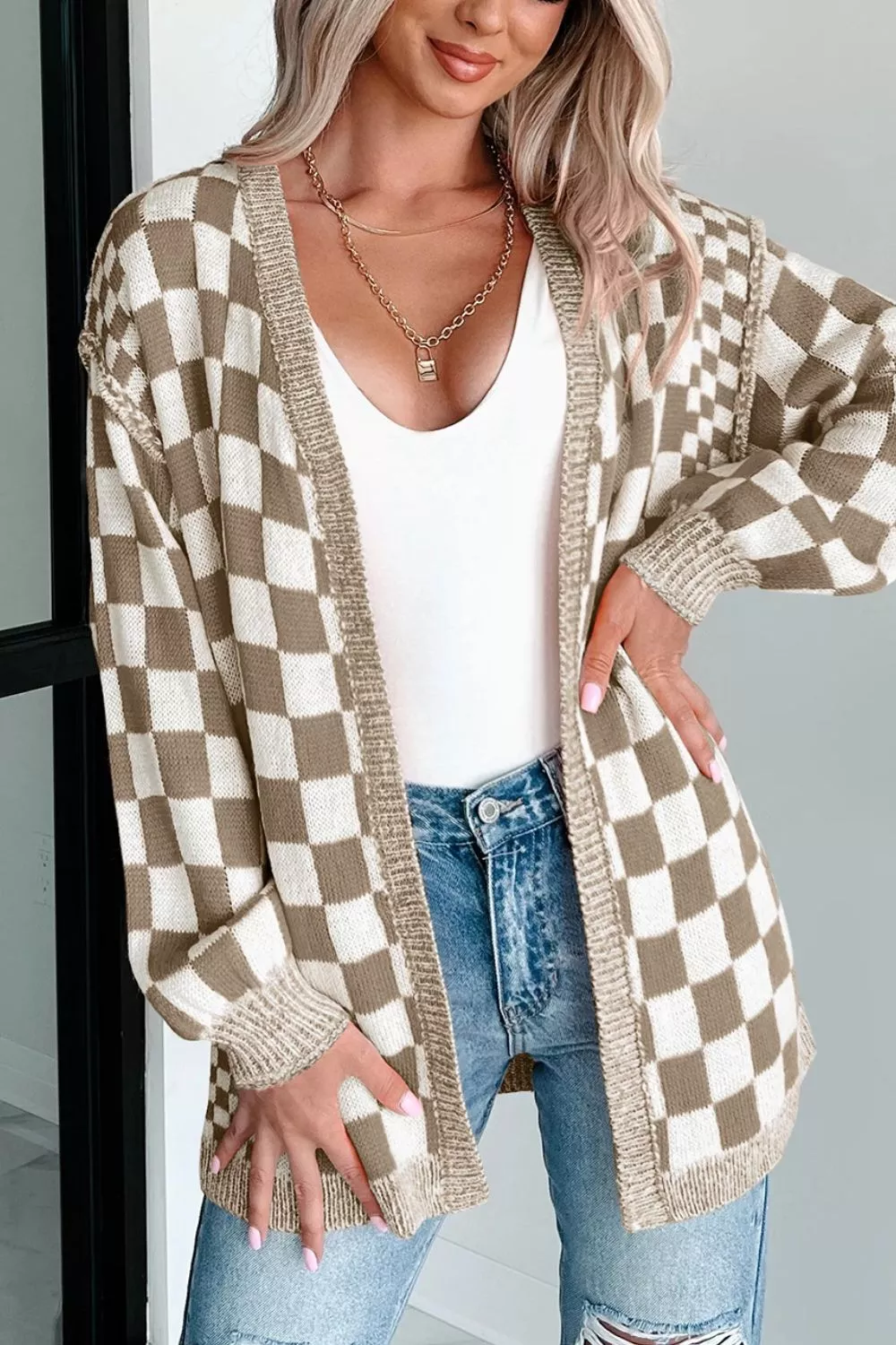 Checkerboard Print Open Front Knit Cardigan - Image 4