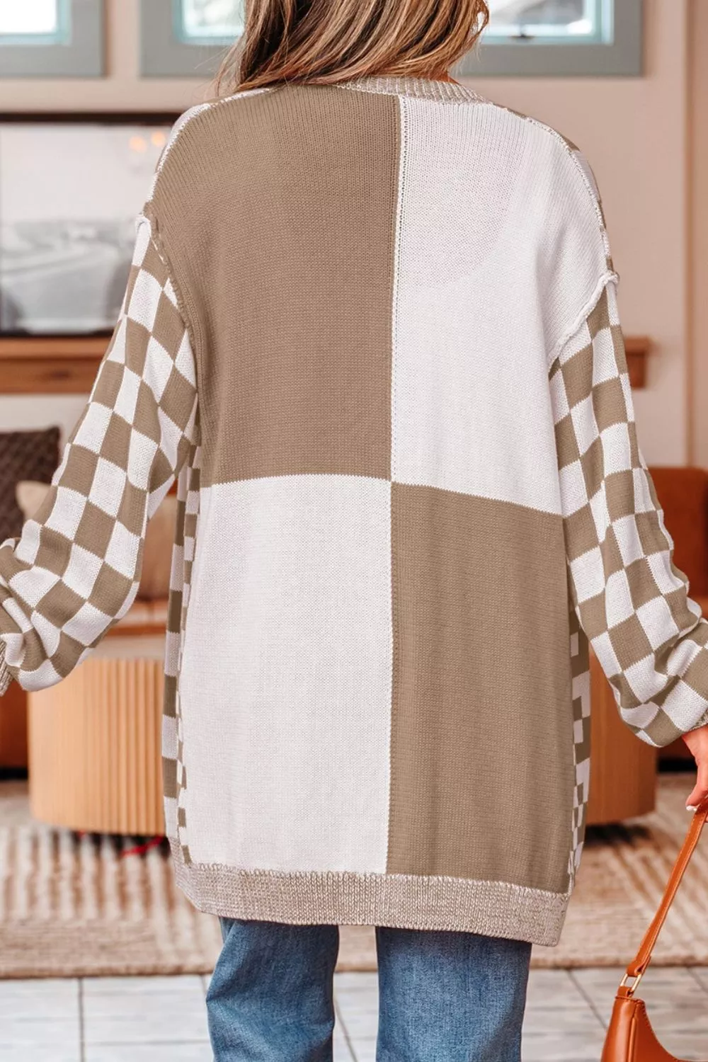 Checkerboard Print Open Front Knit Cardigan - Image 7
