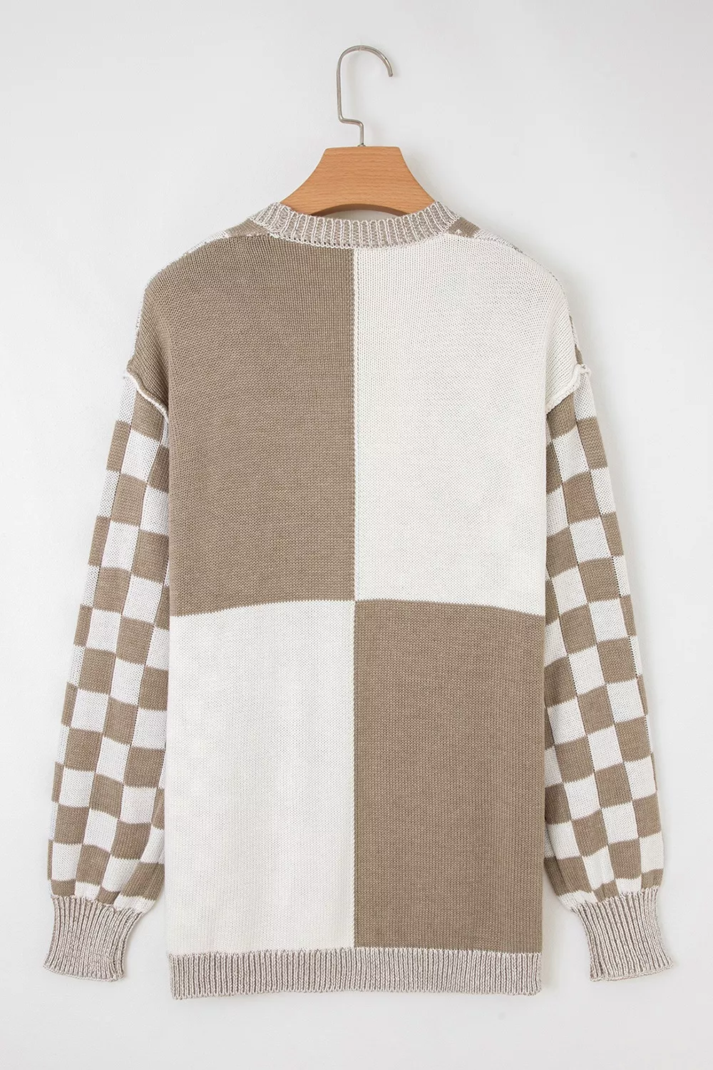 Checkerboard Print Open Front Knit Cardigan - Image 9
