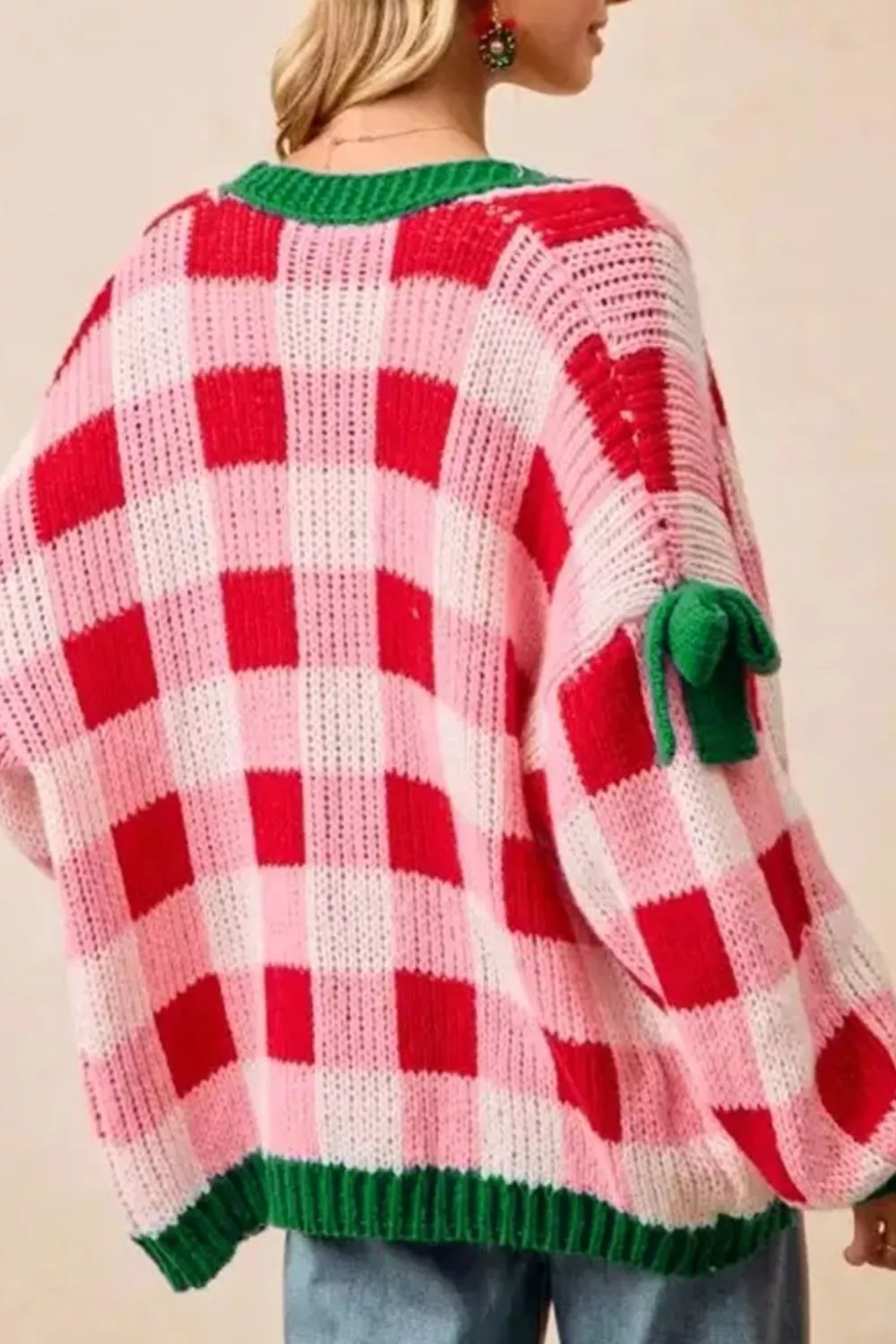 Checkered Bow-Tie Sleeve Knit Christmas Cardigan - Image 2