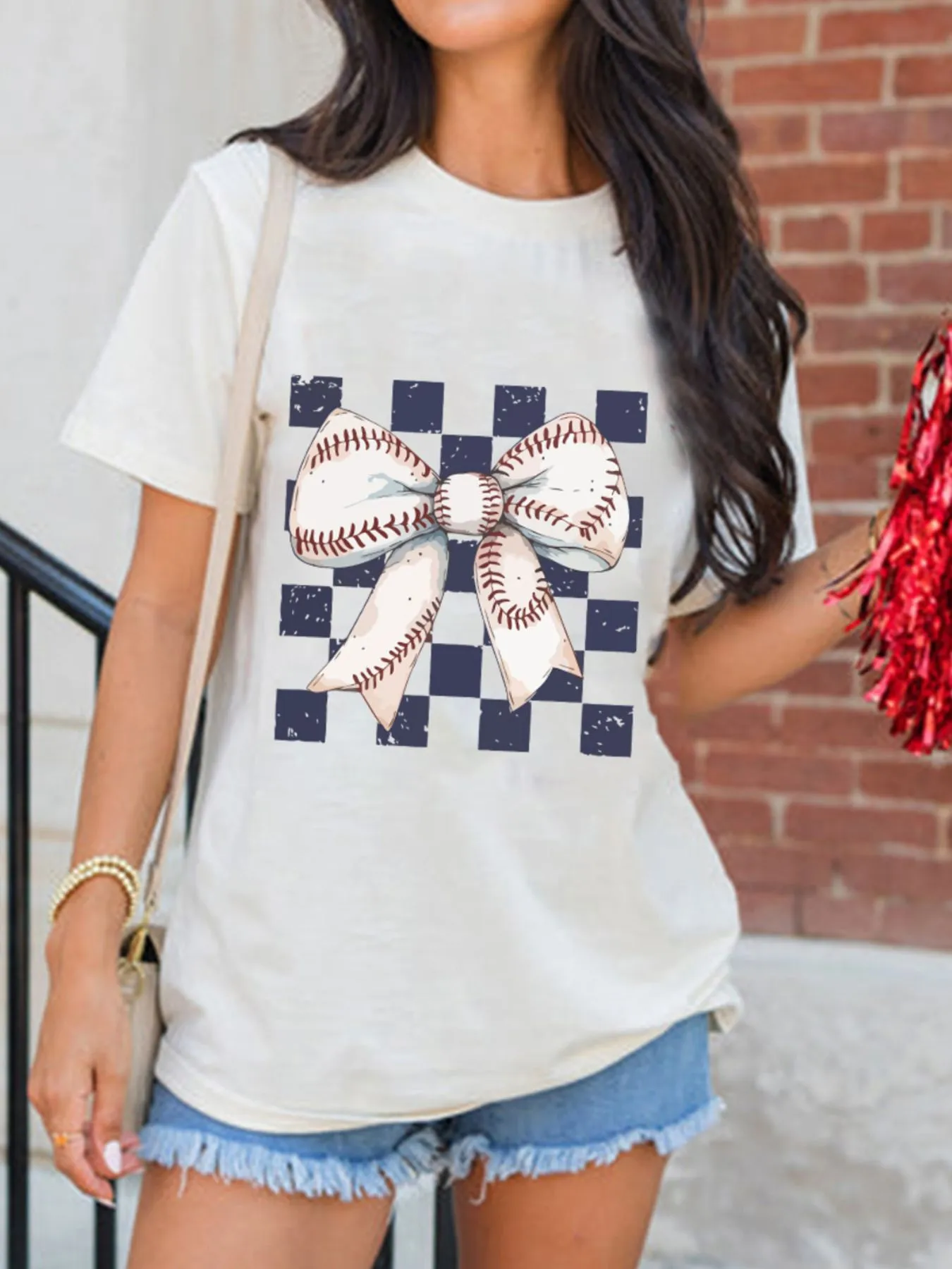 Checkered Bowknot Graphic Crew Neck T Shirt - Image 4