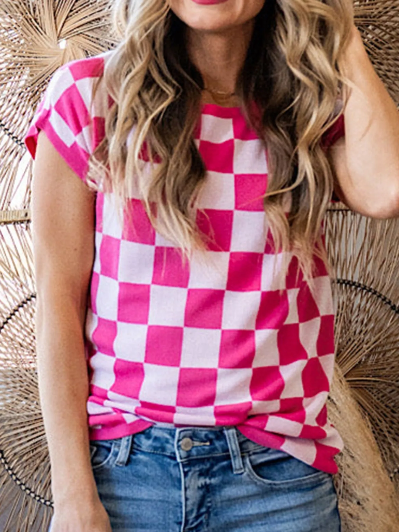 Checkered Cap Sleeve Casual Sweater Top - Image 2