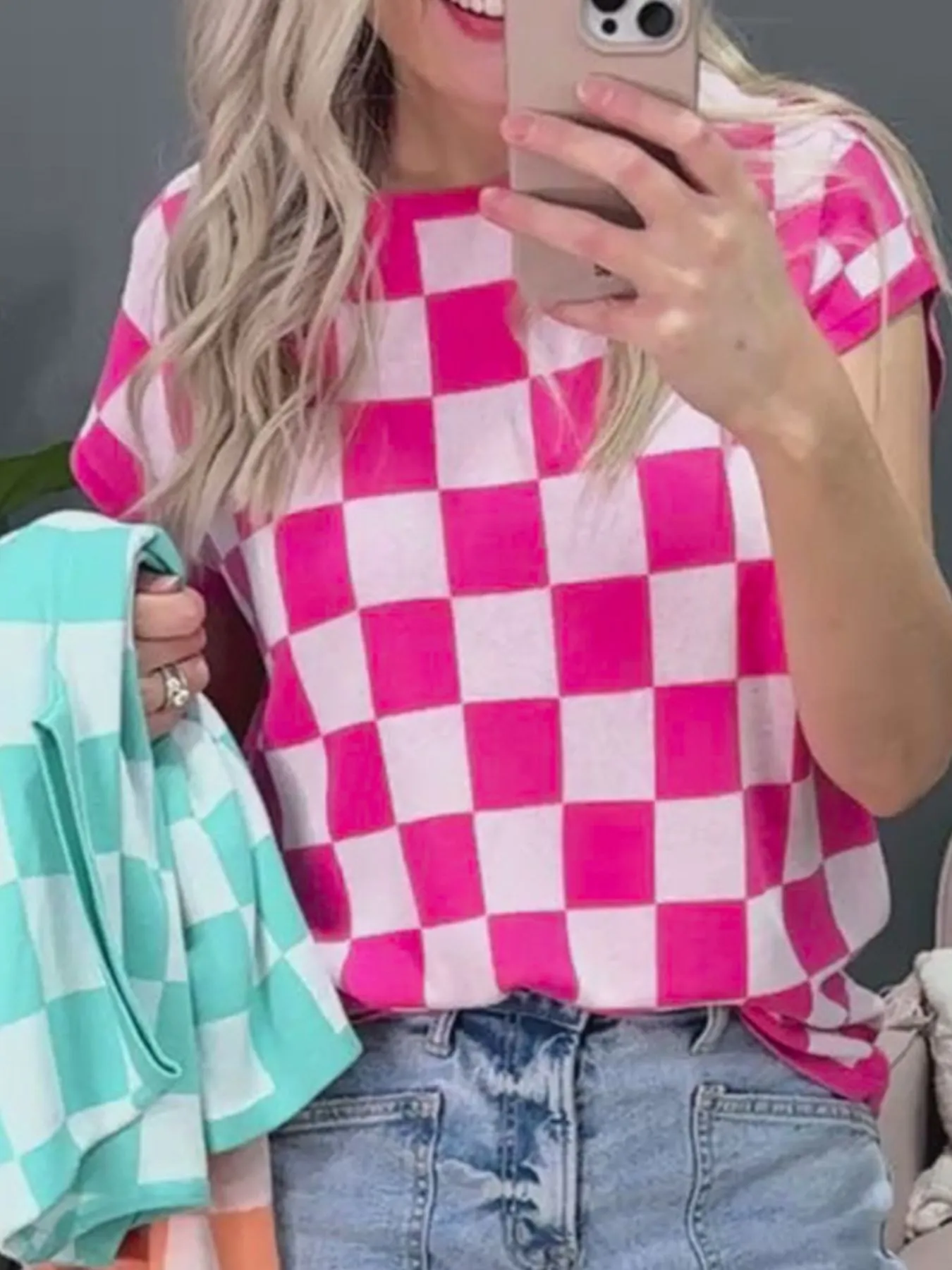 Checkered Cap Sleeve Casual Sweater Top - Image 4