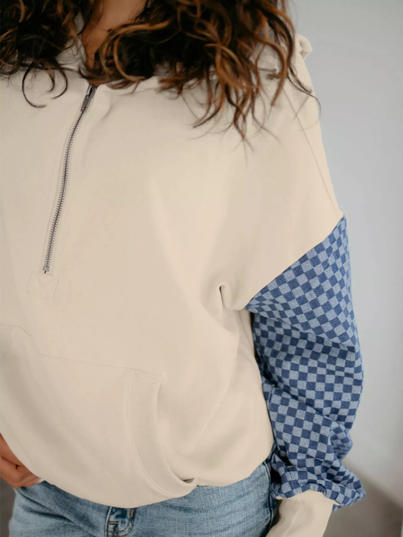 Checkered Color Block Half Zip Sweatshirt - Image 2