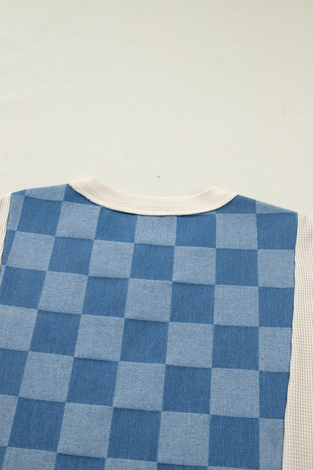 Checkered Denim Patchwork Short Sleeve Loose Top - Image 5