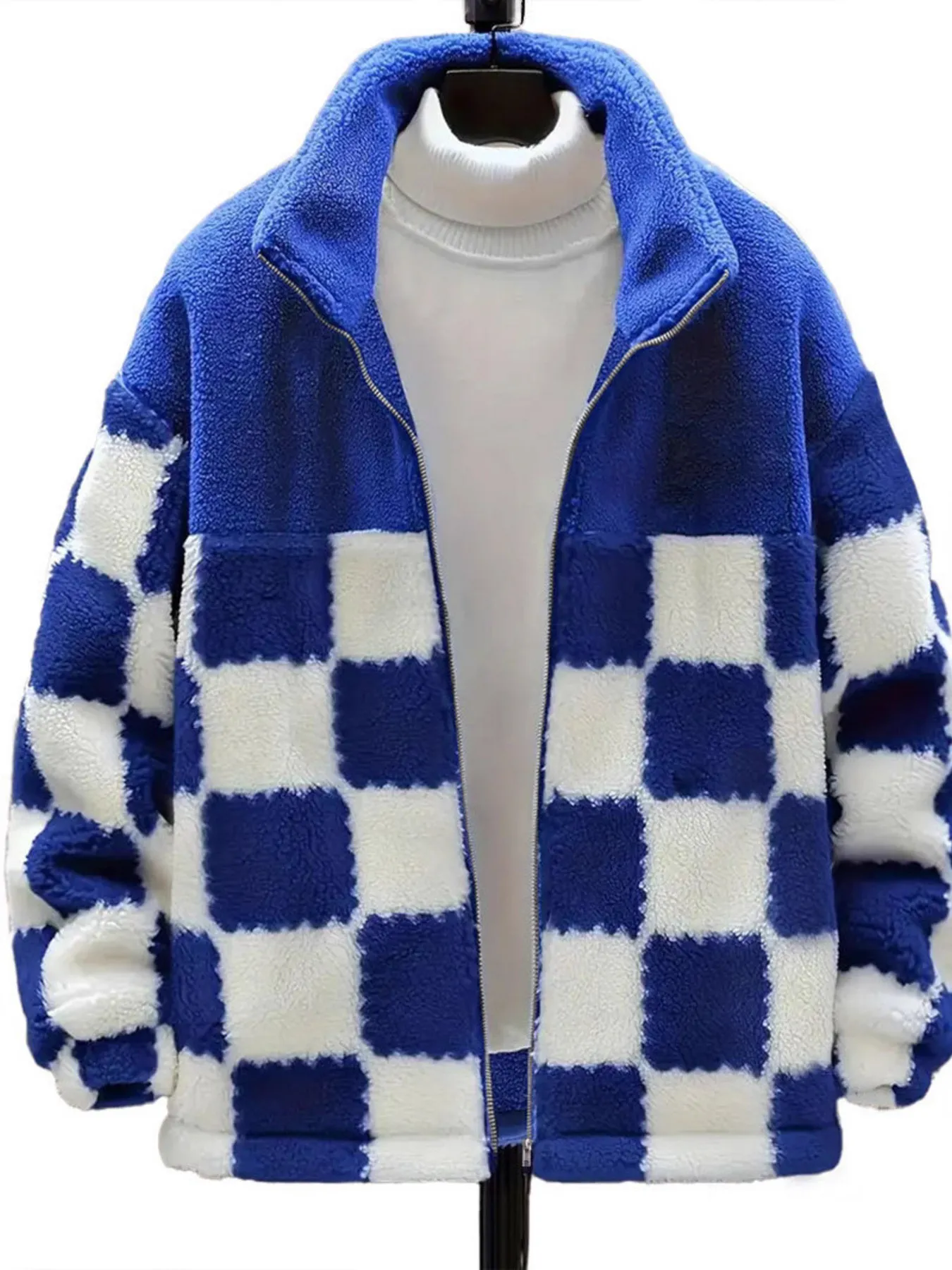 Checkered Fleece Oversized Zip Up Jacket - Image 2