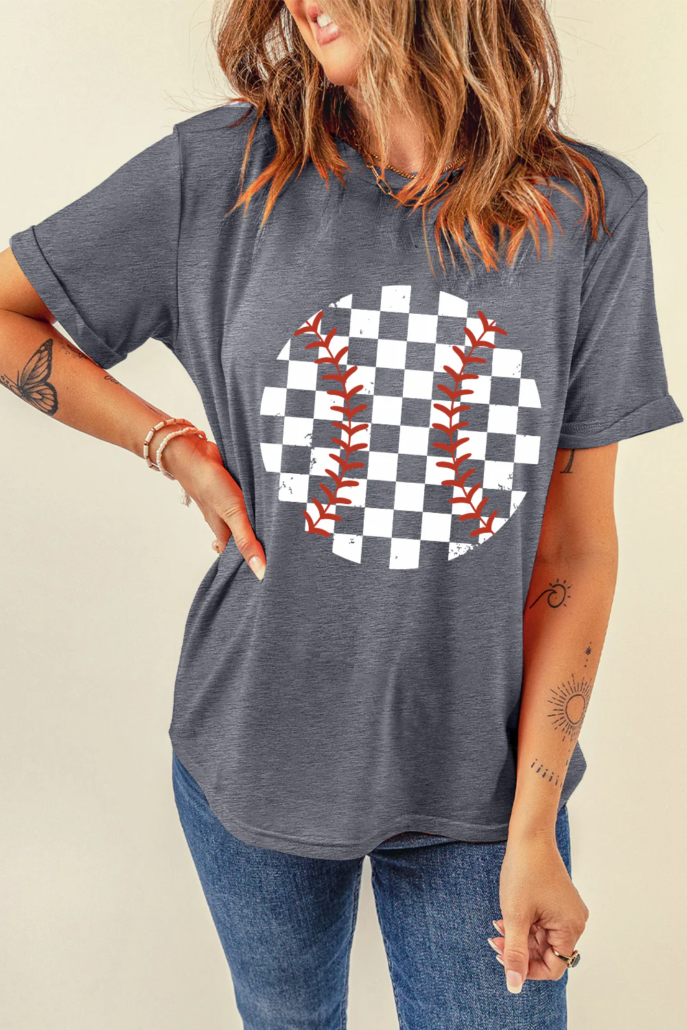 Checkered Graphic Round Neck Short Sleeve T-Shirt - Image 2