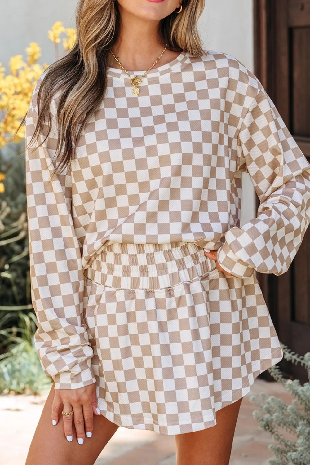 Checkered Long Sleeve Top and Skirt Two-Piece Set - Image 6