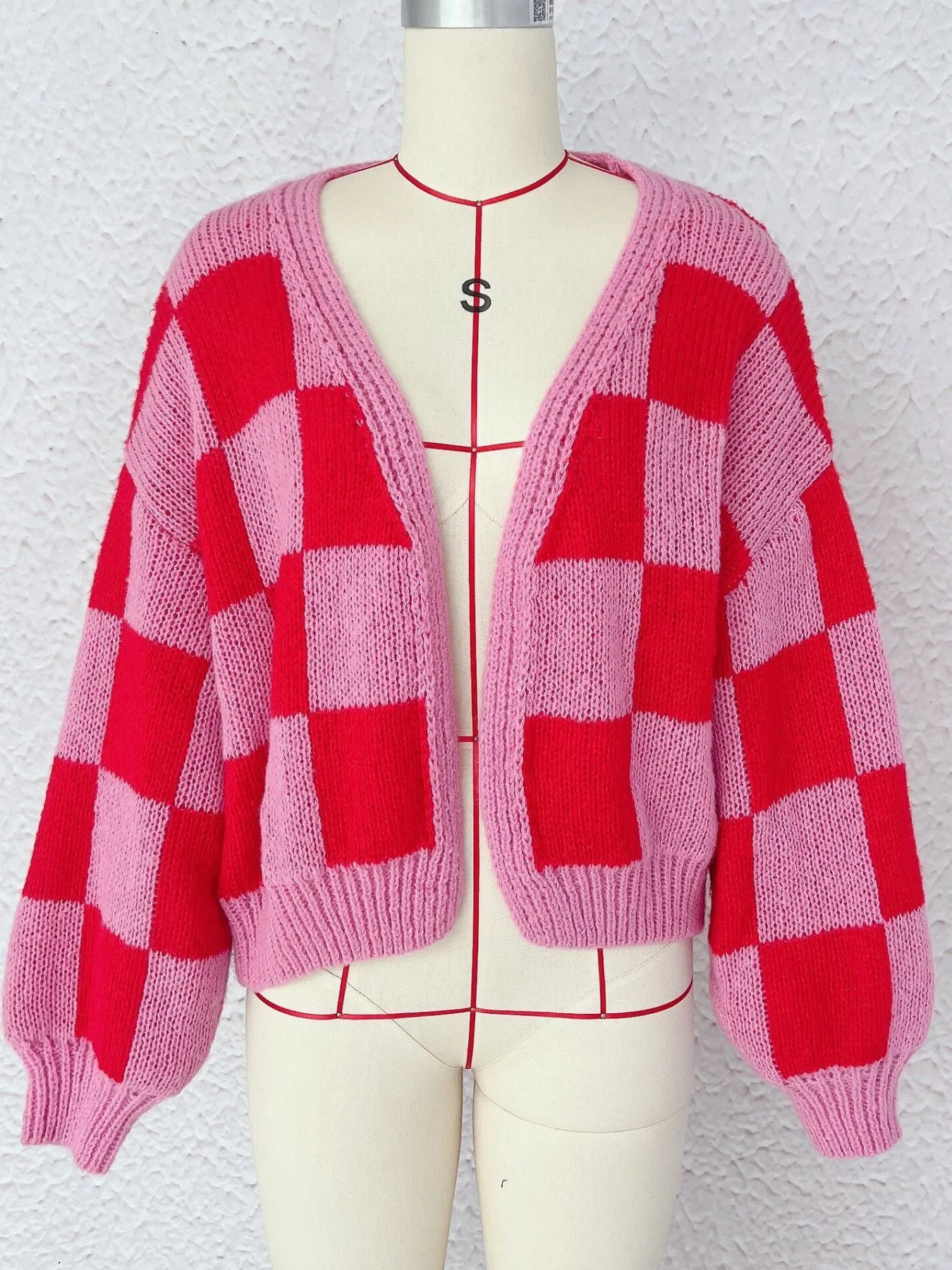 Checkered Open Front Long Sleeve Cardigan - Image 6