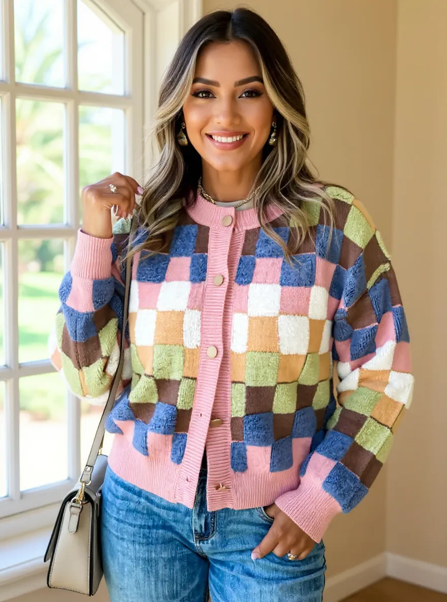 Checkered Pattern Button Front Cardigan - Image 2