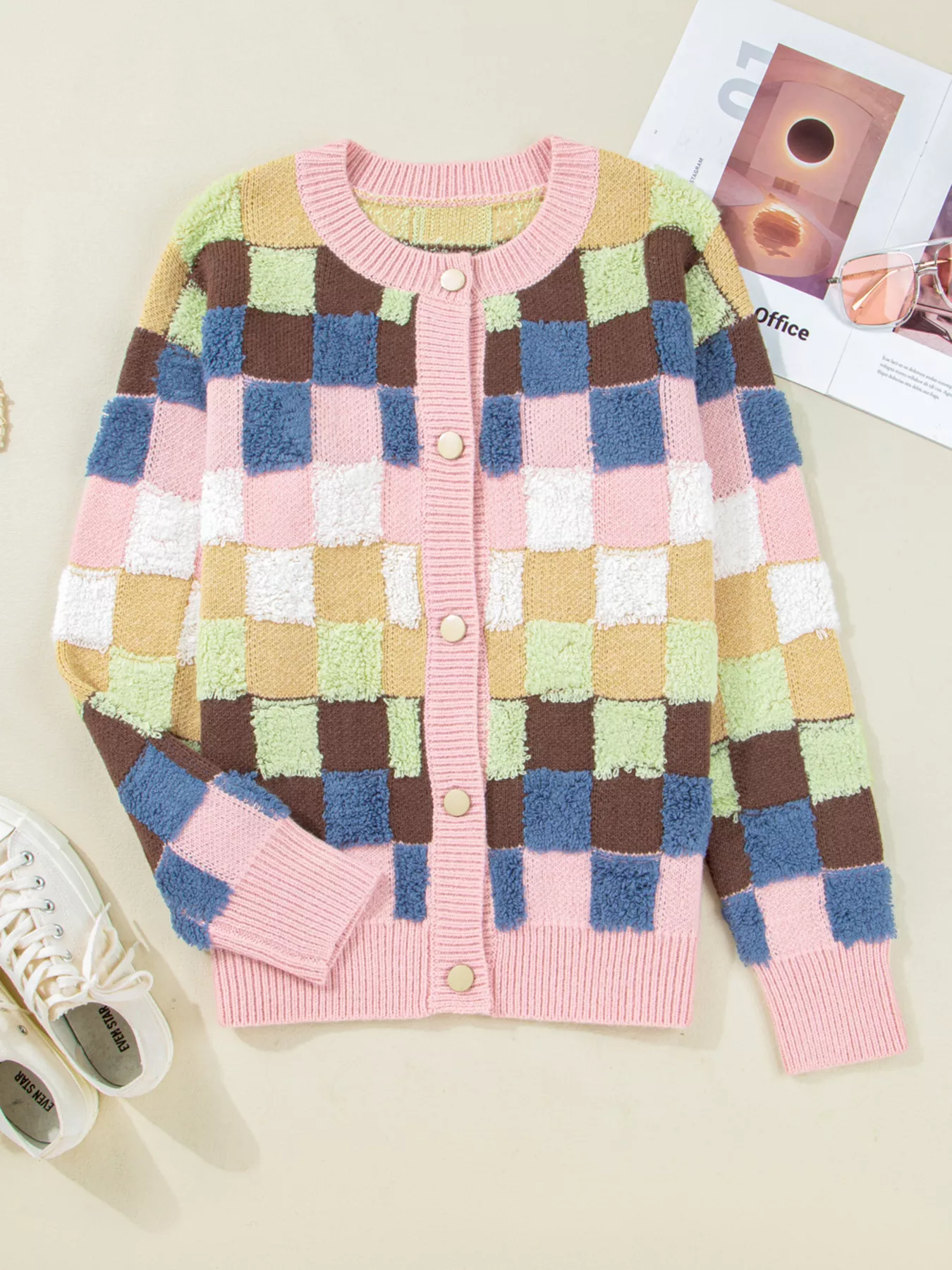 Checkered Pattern Button Front Cardigan - Image 3