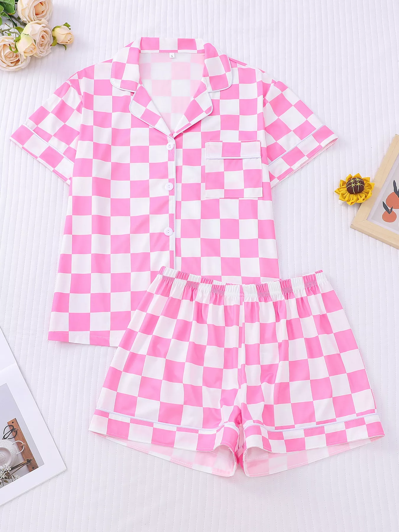 Checkered Print Button Up Top and Shorts Lounge Set