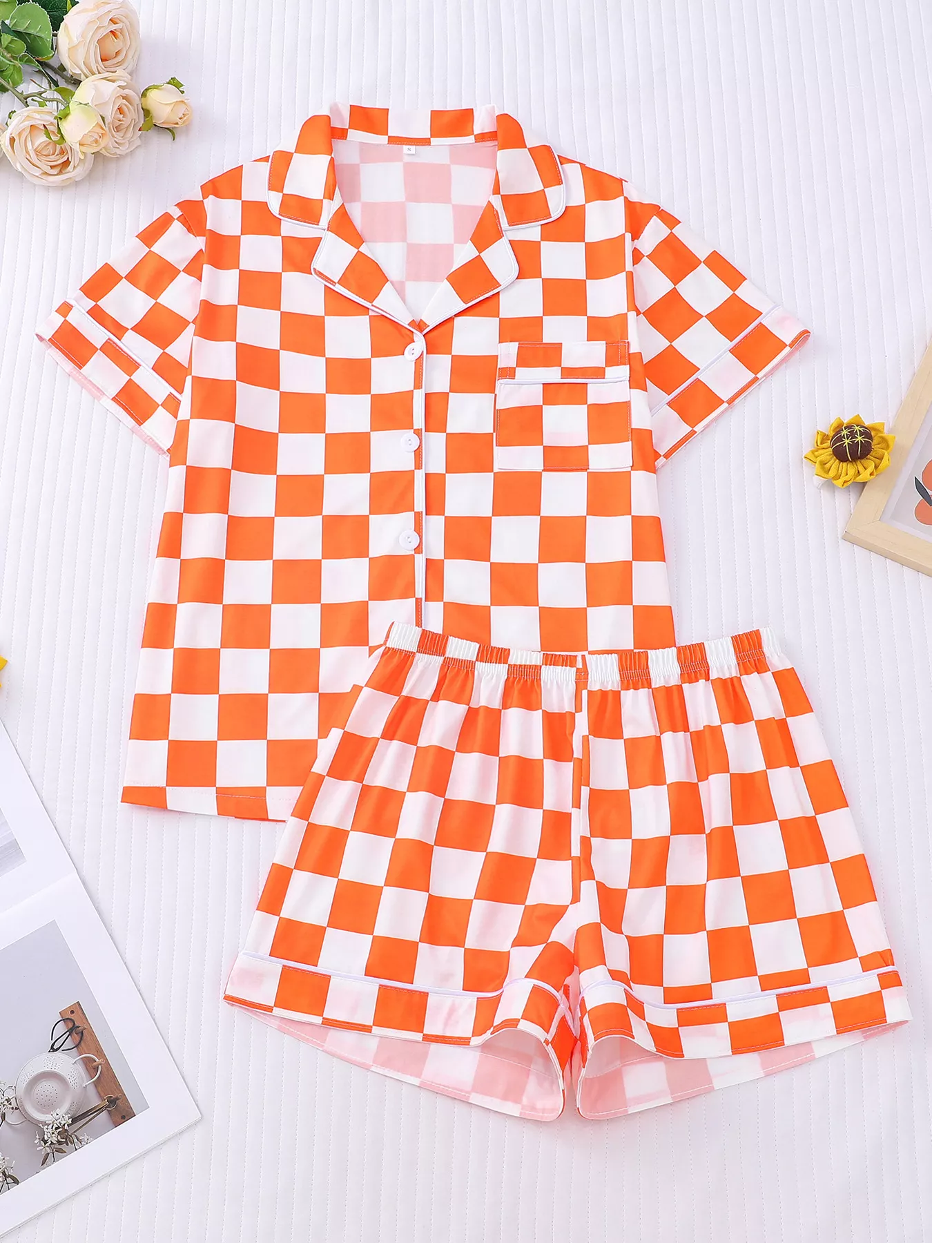 Checkered Print Button Up Top and Shorts Lounge Set - Image 4