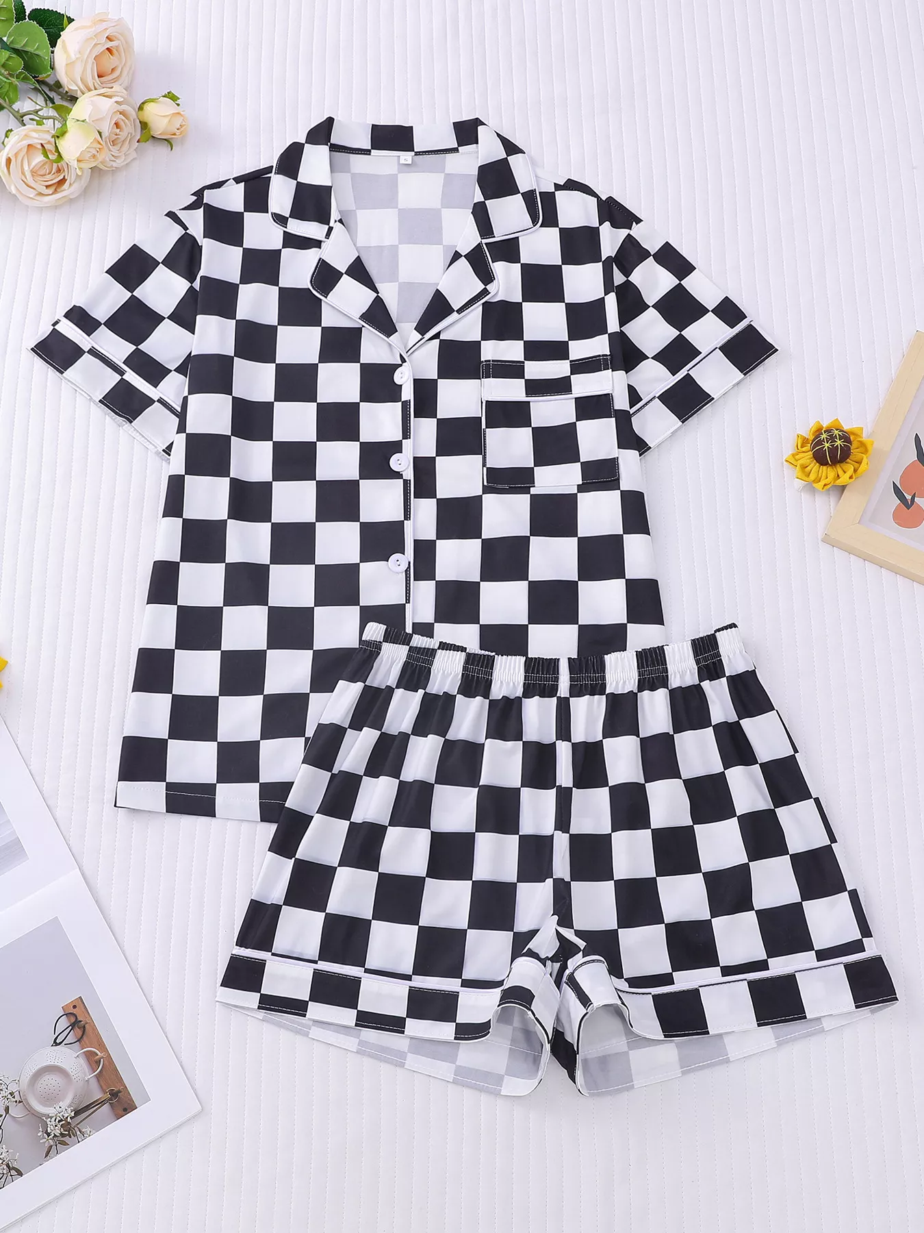 Checkered Print Button Up Top and Shorts Lounge Set - Image 7