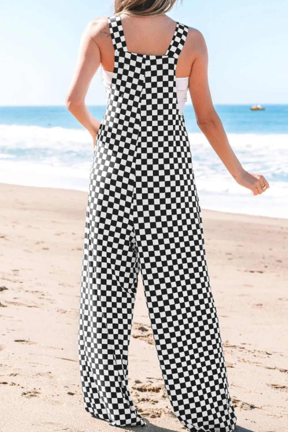 Checkered Print Pocketed Wide Leg Jumpsuit - Image 3