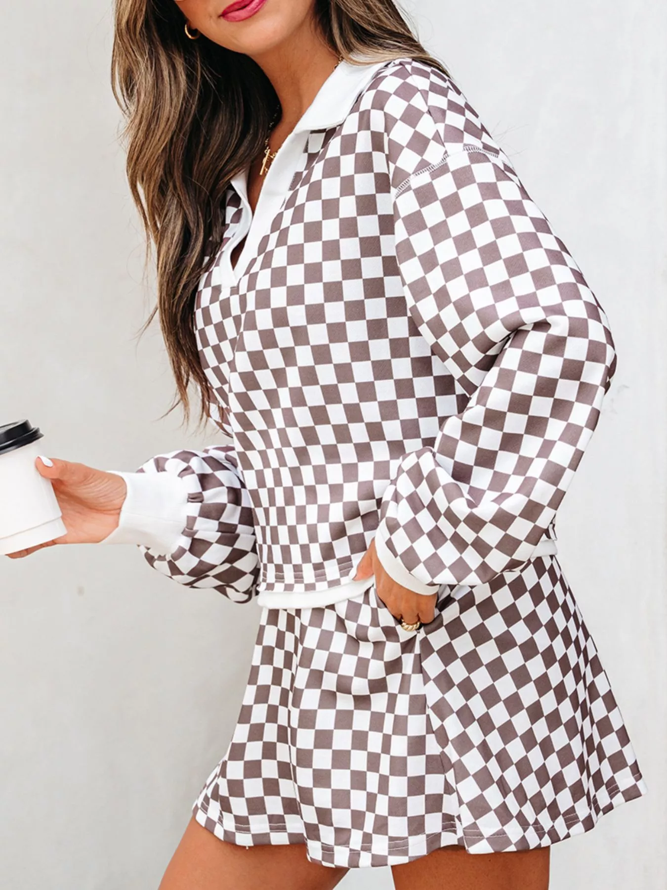 Checkered Print Polo Collar Cropped Long Sleeve Top and Drawstring Mini Skirt Set - Image 5