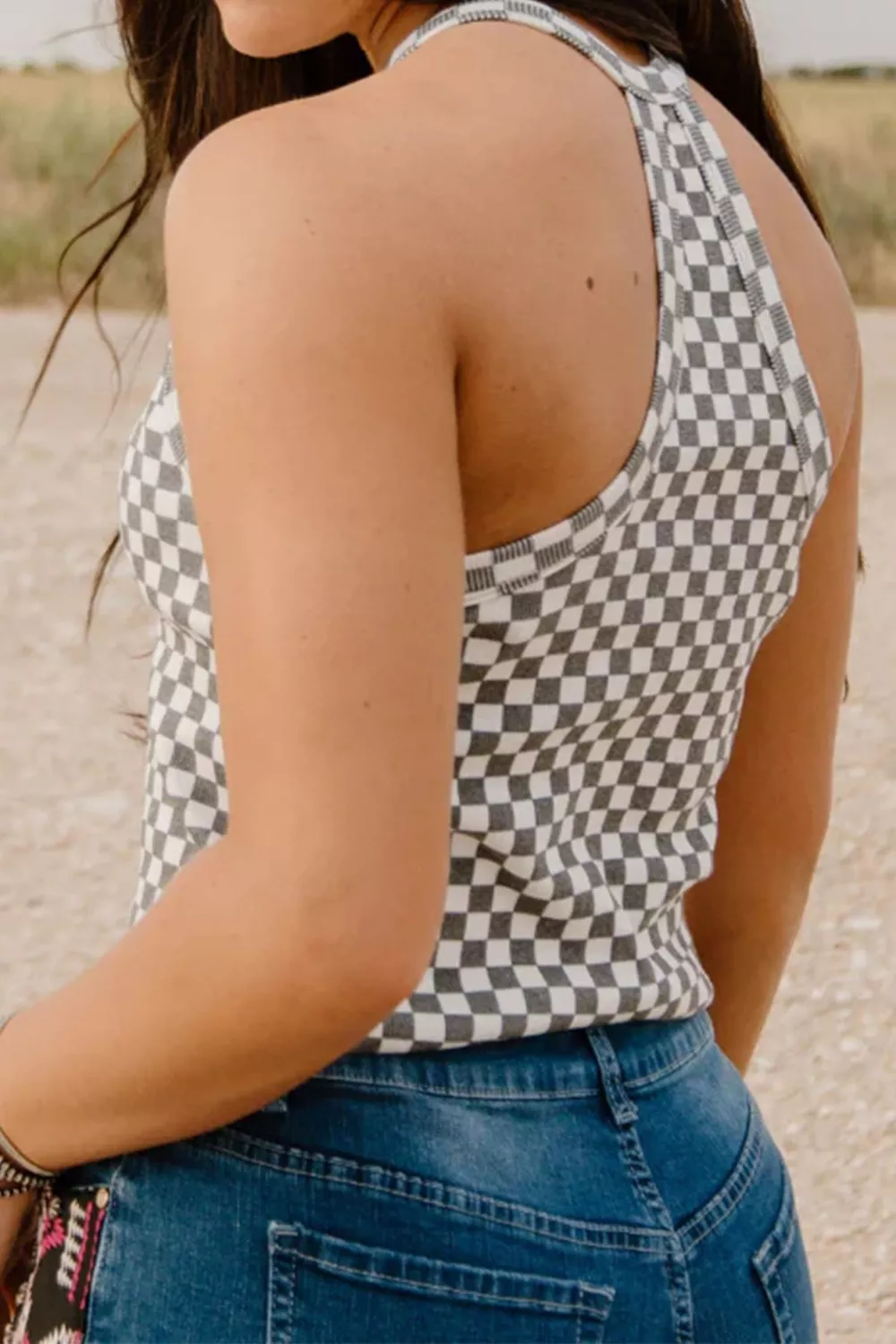 Checkered Print Textured Halter Tank Top - Image 6