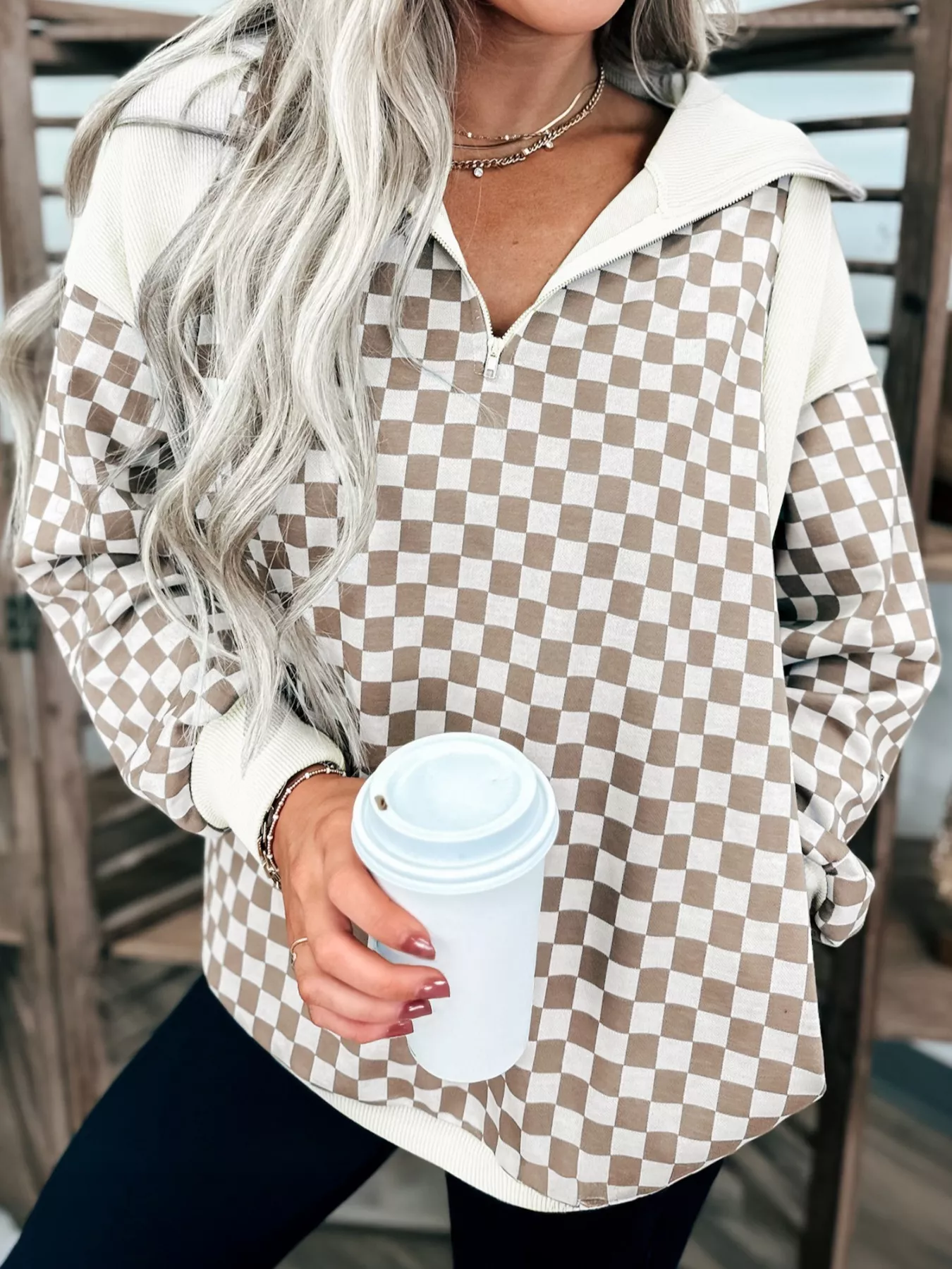 Checkered Quarter Zip Sweatshirt - Image 3