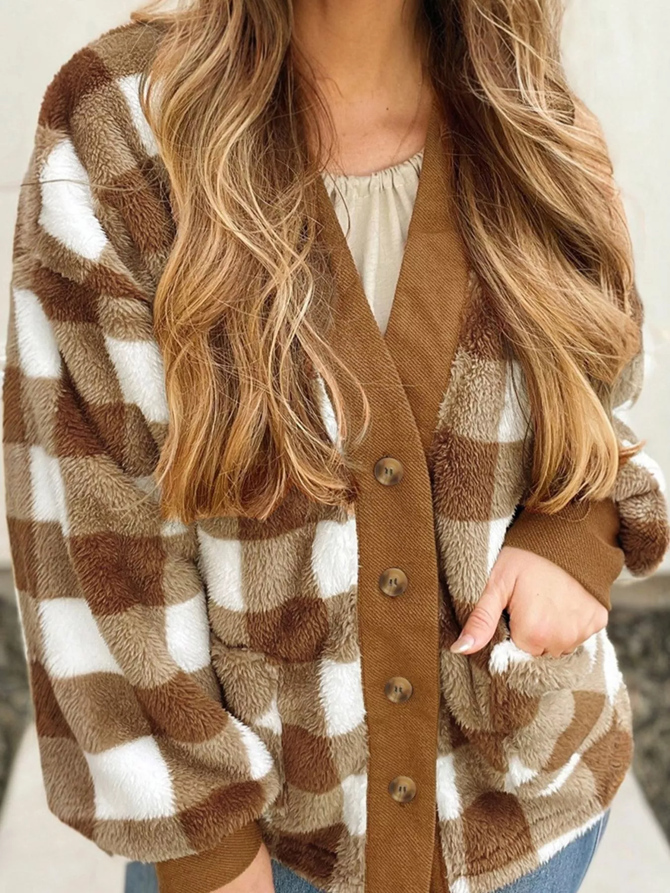 Checkered Sherpa Loose Knit Cardigan with Pockets - Image 2