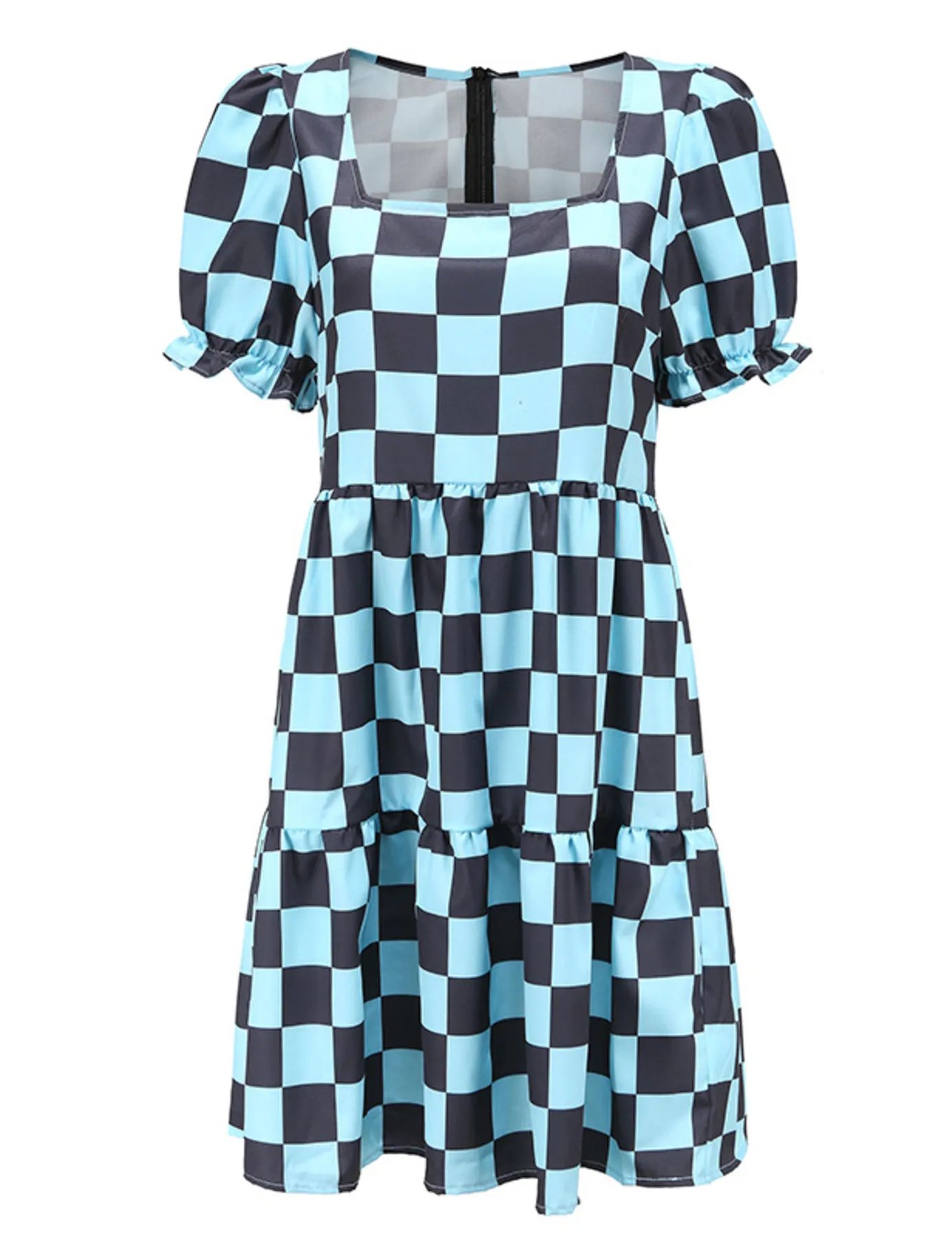 Checkered Short Sleeve Tiered Mini Dress - Image 5
