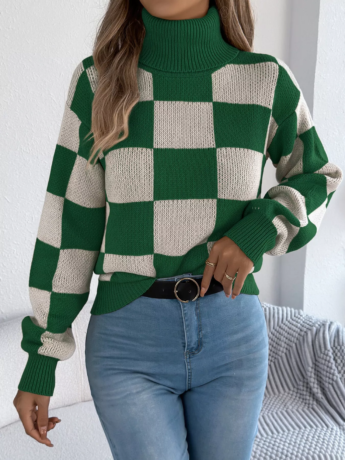 Checkered Turtleneck Long Sleeve Sweater - Image 4
