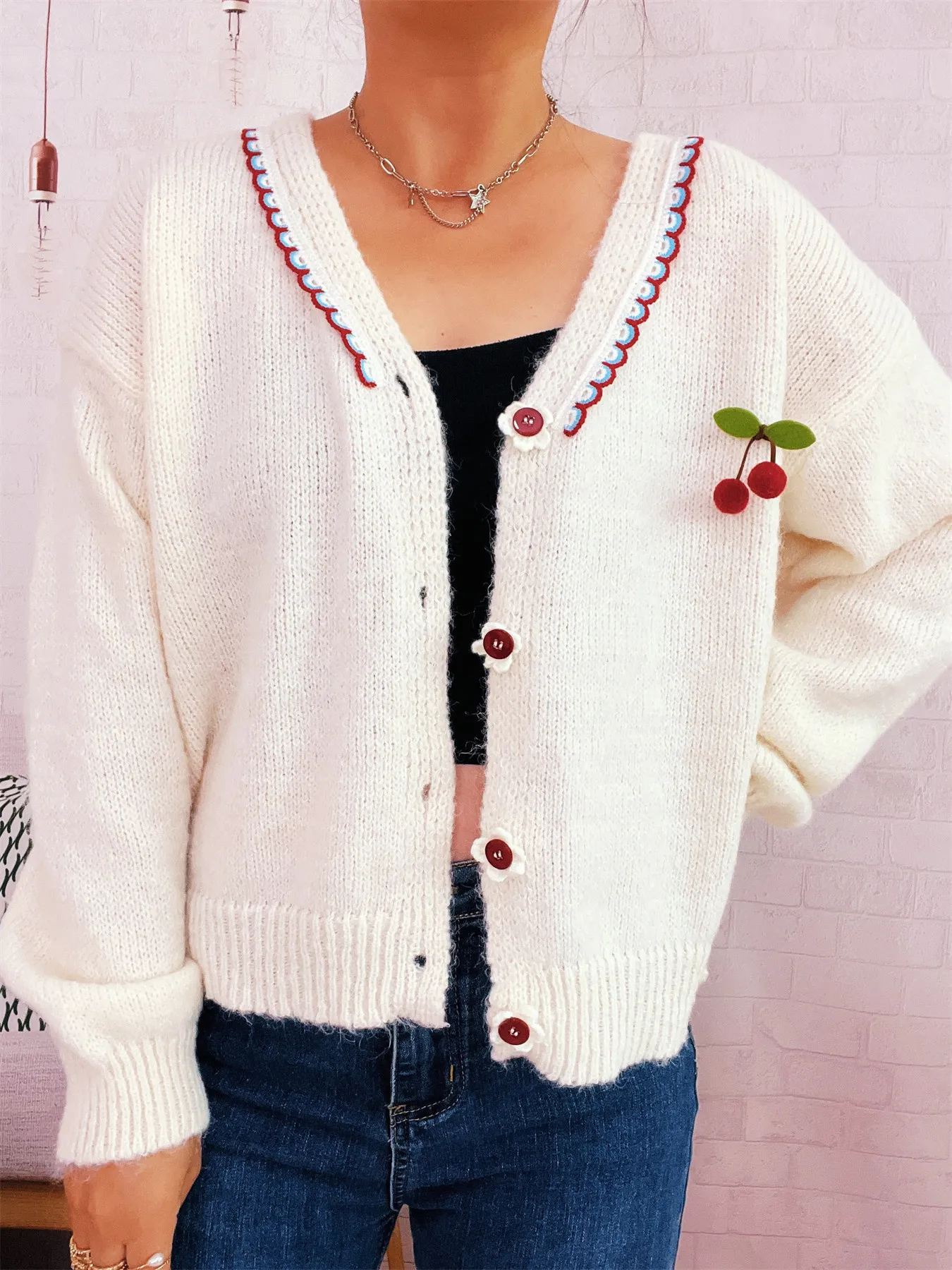 Cherry Button-Front Long Sleeve Cardigan - Image 10