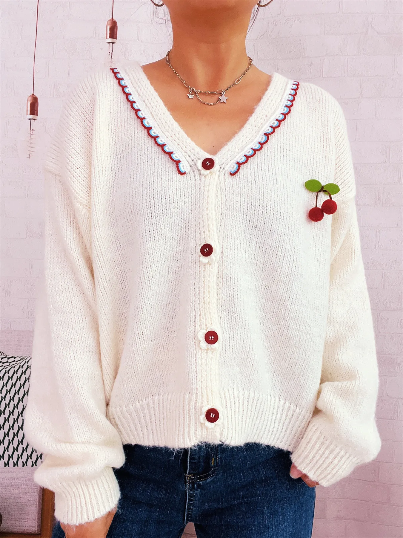 Cherry Button-Front Long Sleeve Cardigan - Image 11