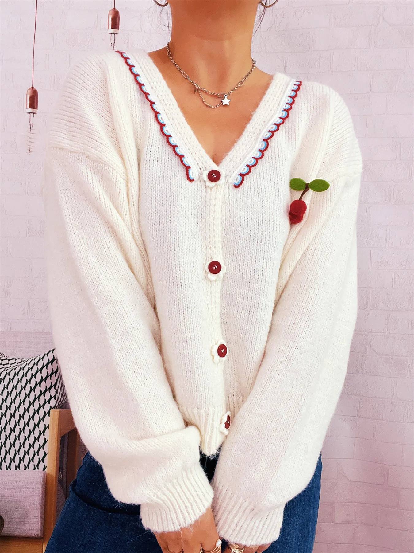Cherry Button-Front Long Sleeve Cardigan - Image 12