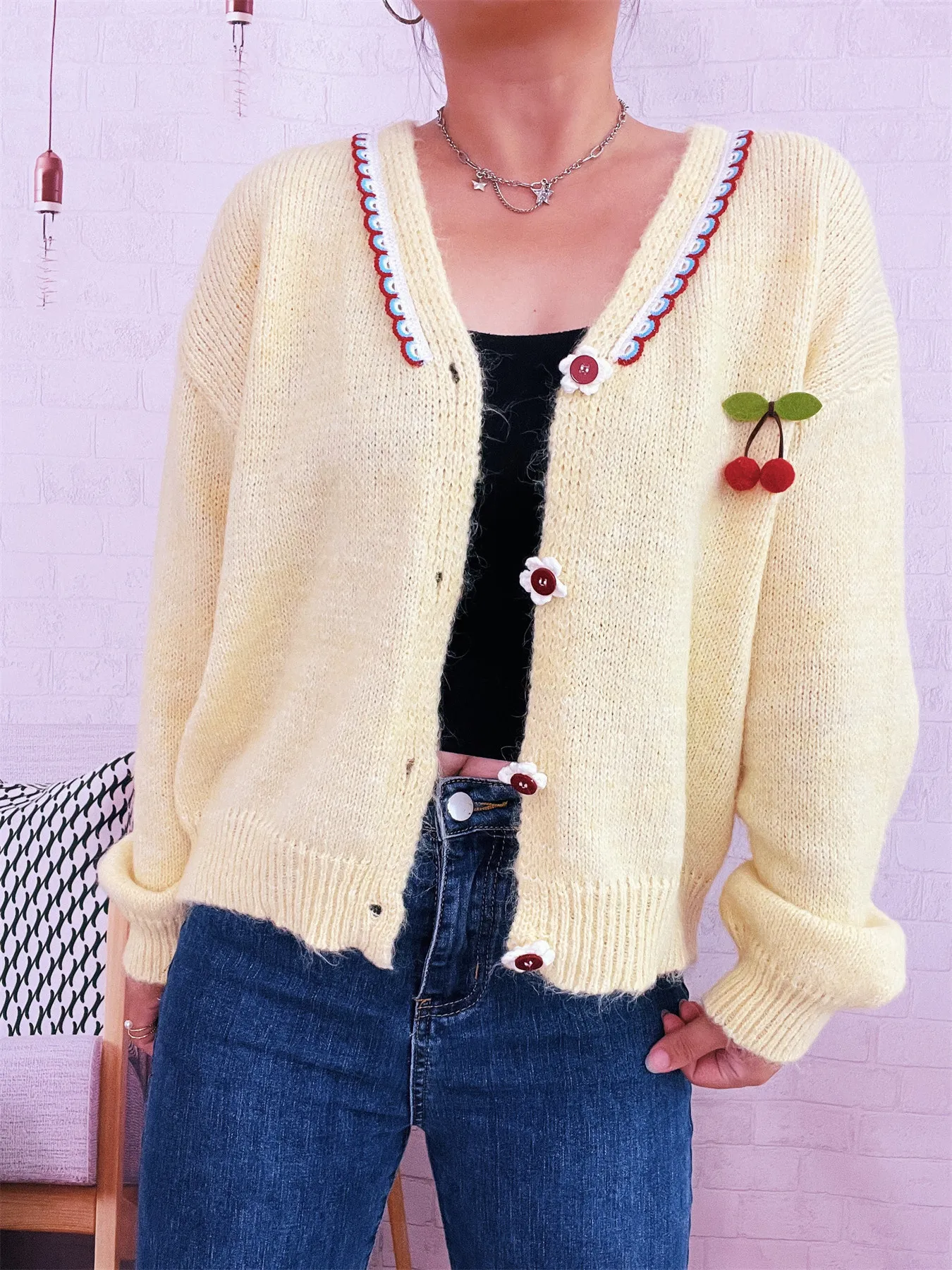 Cherry Button-Front Long Sleeve Cardigan - Image 14