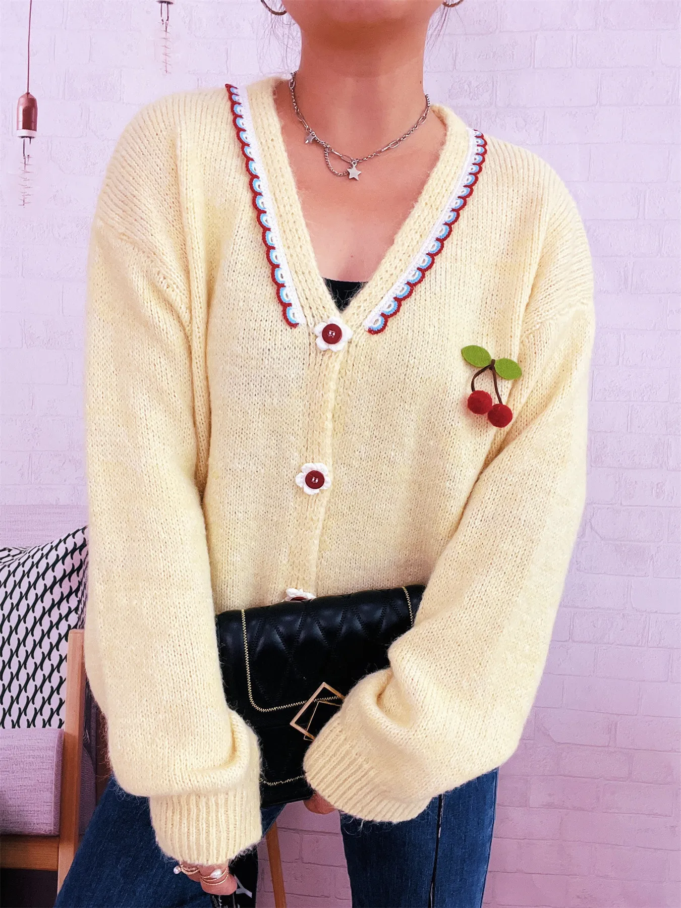 Cherry Button-Front Long Sleeve Cardigan - Image 16