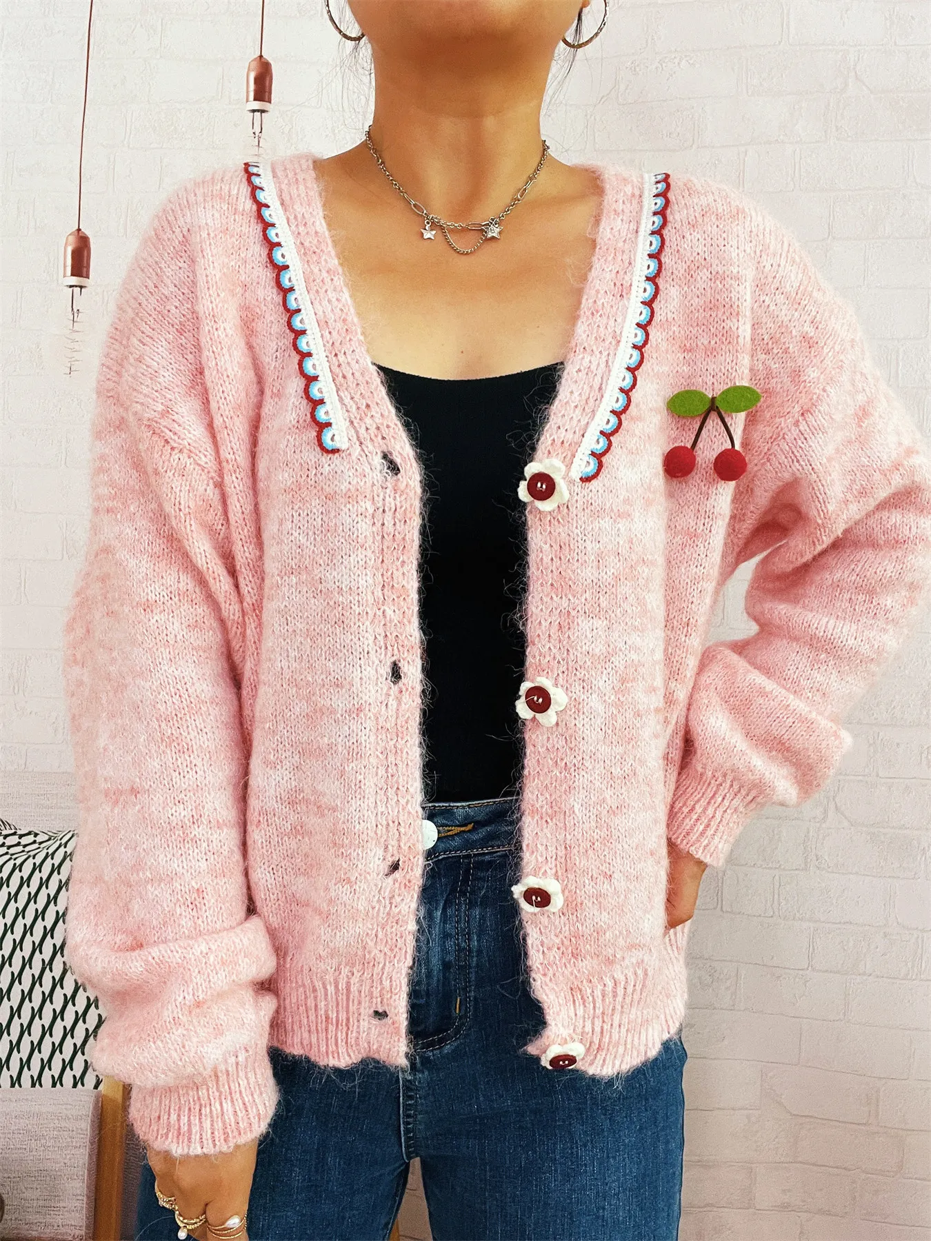 Cherry Button-Front Long Sleeve Cardigan - Image 2