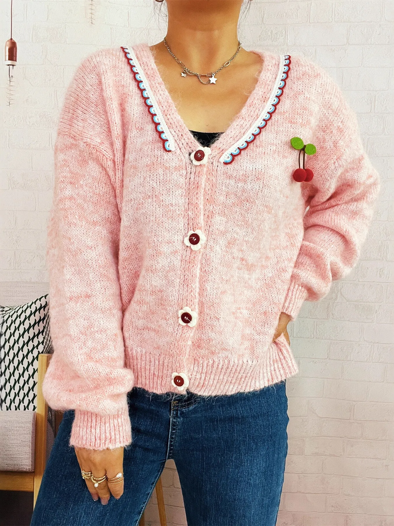 Cherry Button-Front Long Sleeve Cardigan - Image 4