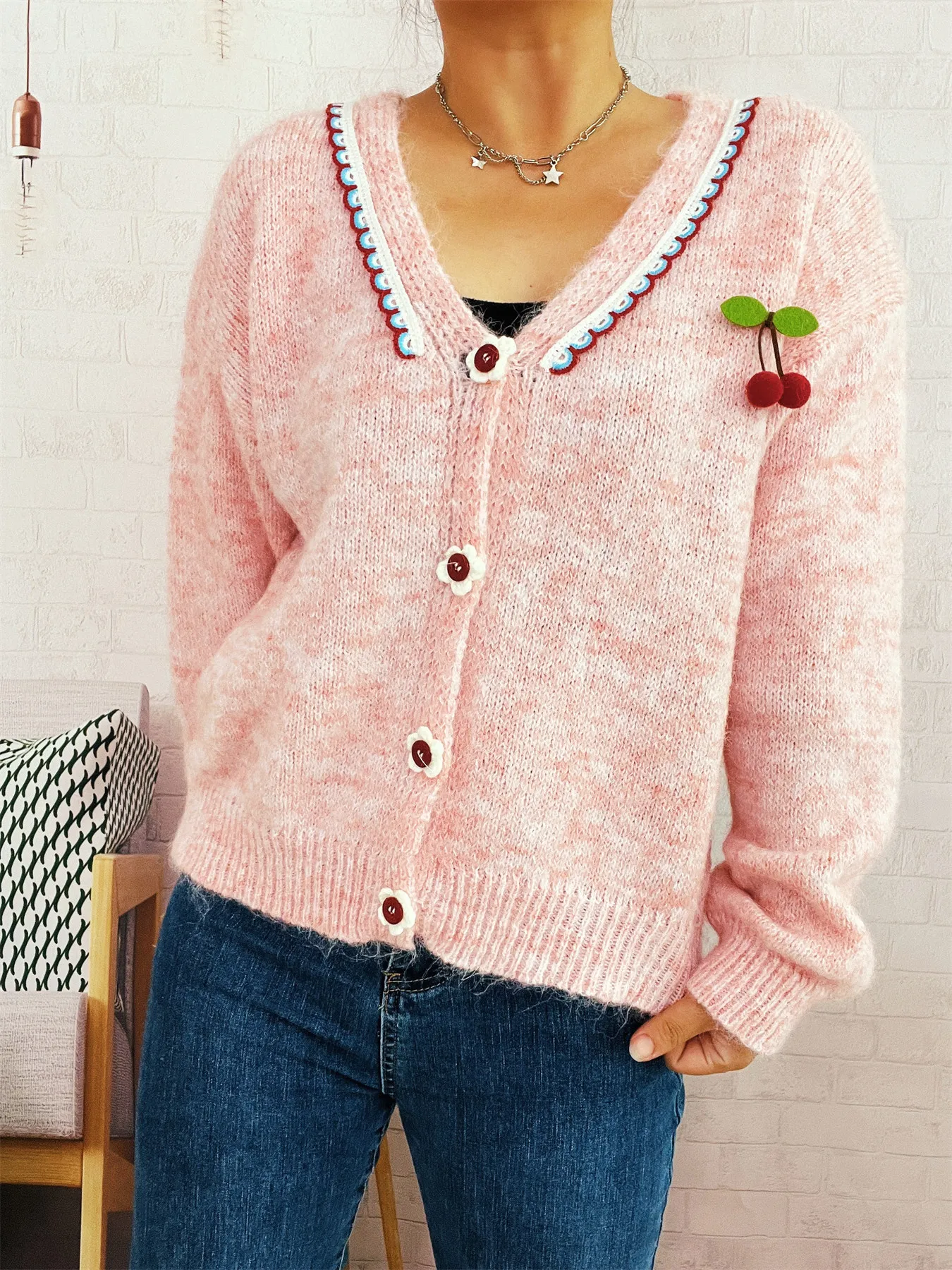 Cherry Button-Front Long Sleeve Cardigan - Image 5