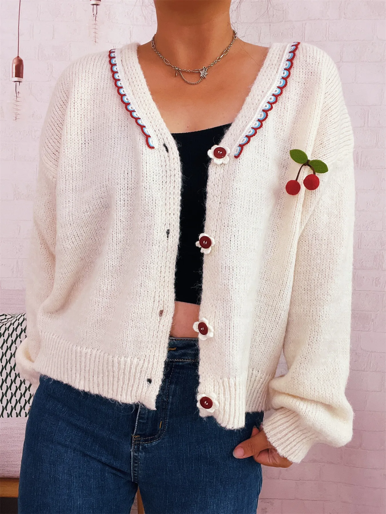 Cherry Button-Front Long Sleeve Cardigan - Image 7