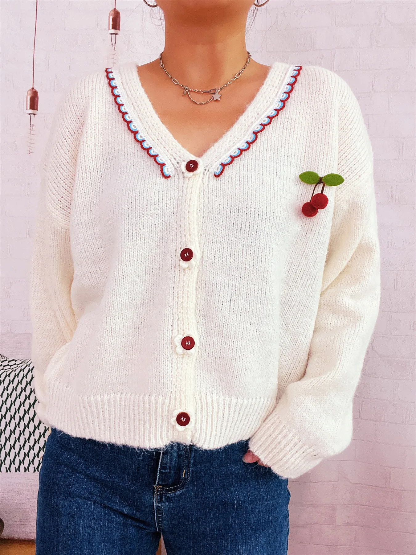 Cherry Button-Front Long Sleeve Cardigan - Image 9