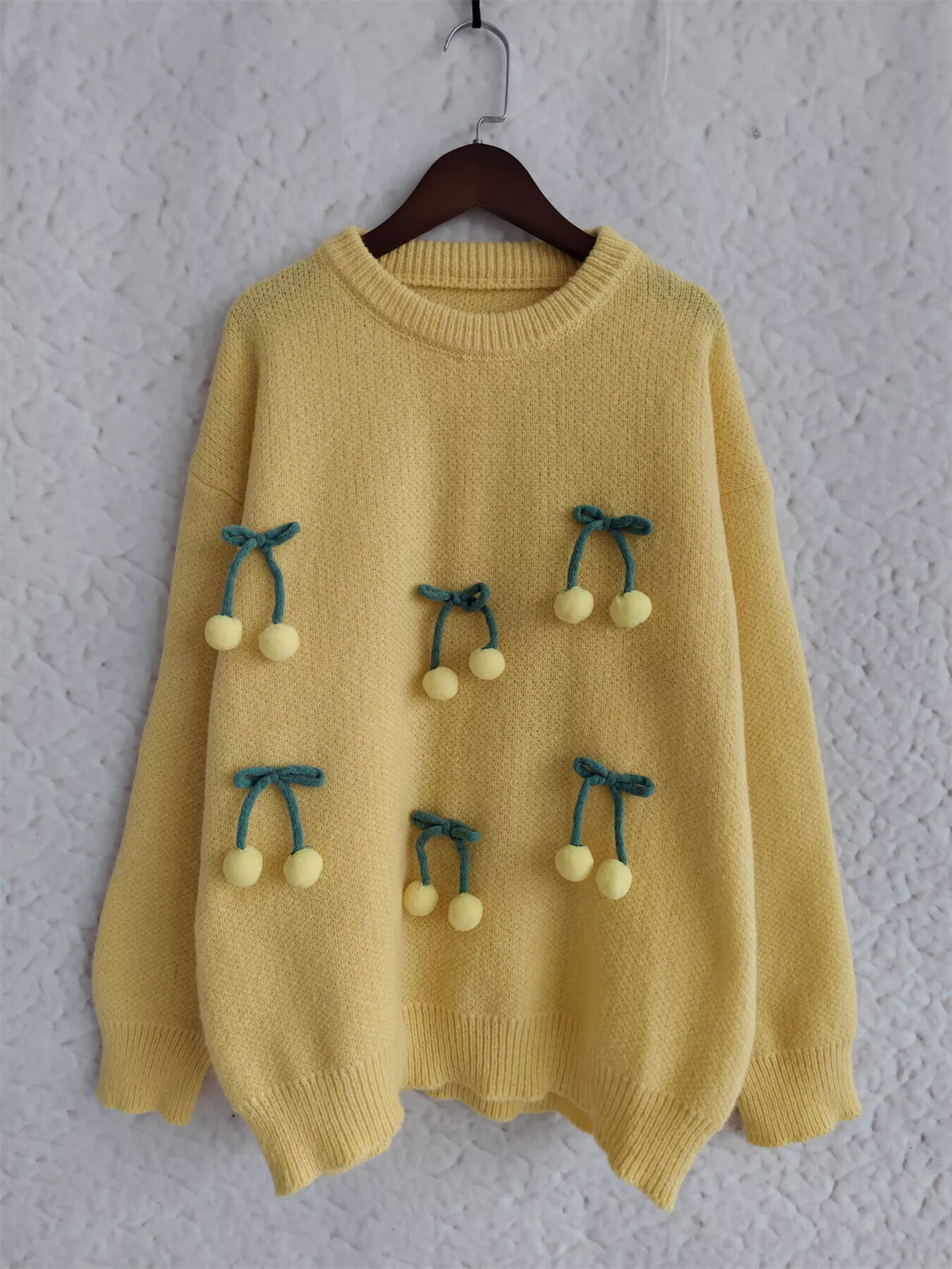 Cherry Pom-Pom Knit Round Neck Sweater - Image 11
