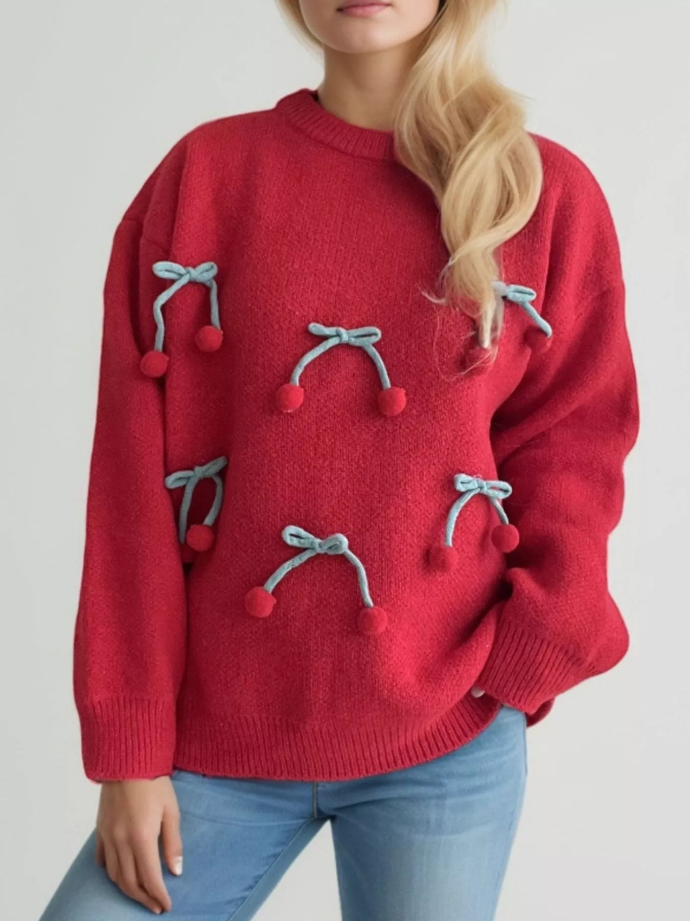 Cherry Pom-Pom Knit Round Neck Sweater - Image 13