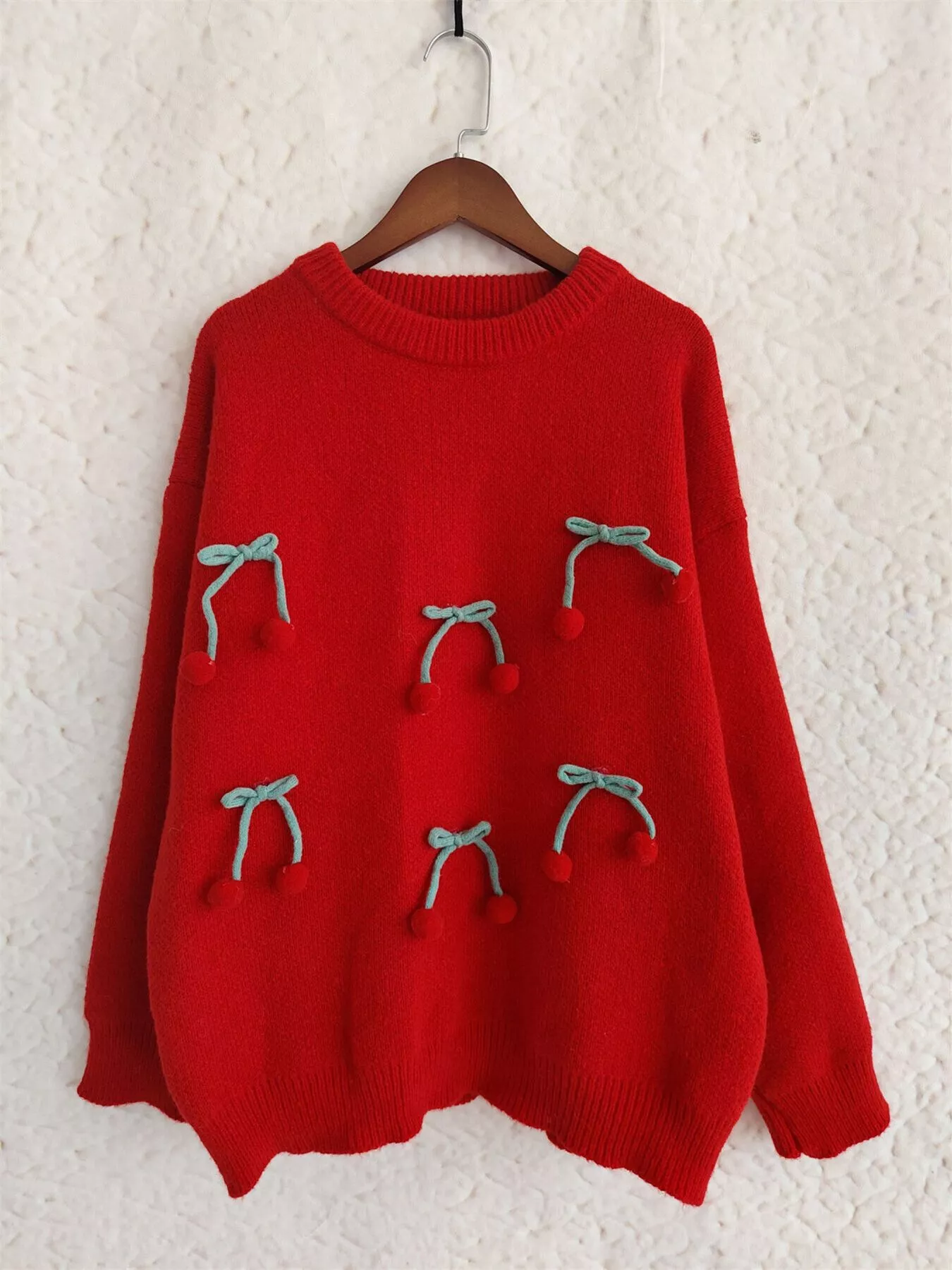 Cherry Pom-Pom Knit Round Neck Sweater - Image 17